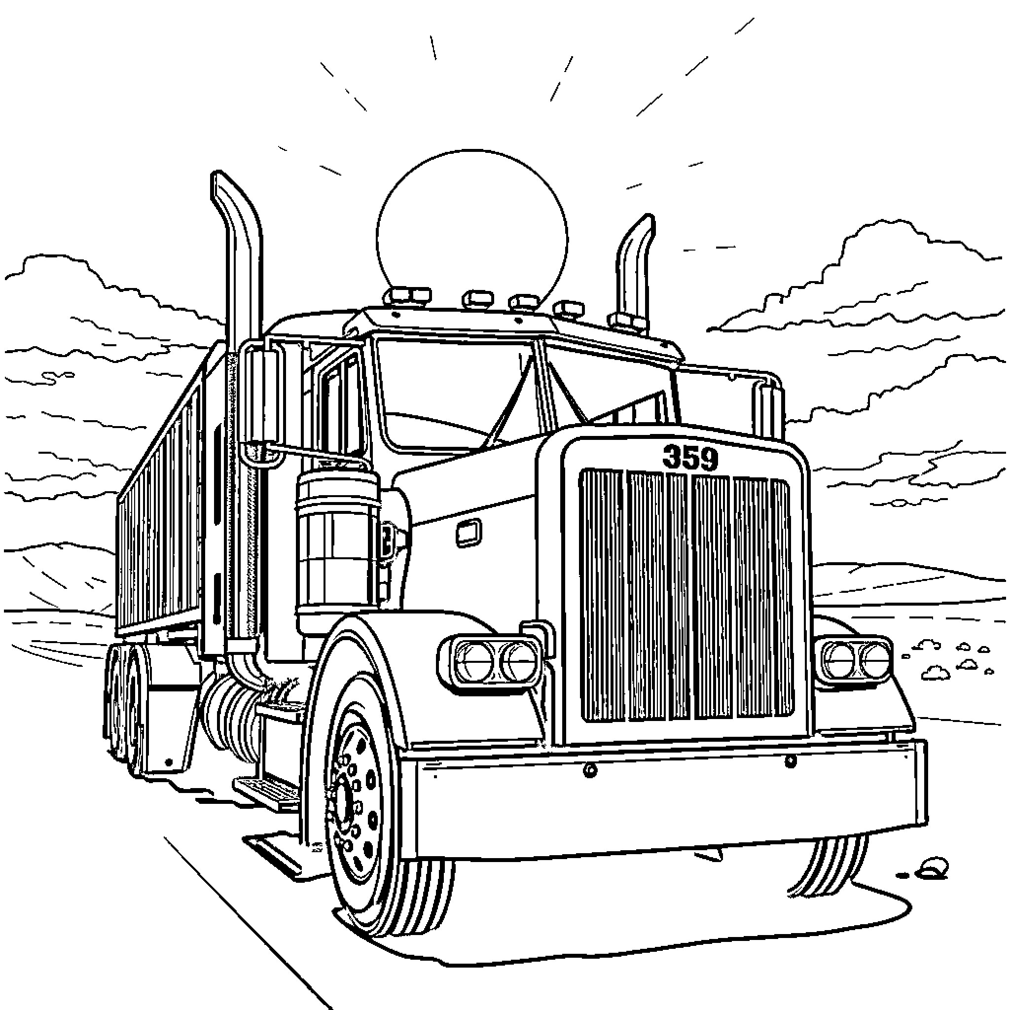 Peterbilt semi-truck on the open road Coloring Page (free black-and-white line drawing printable PDF for all, from beginners to advanced learners, including children, teens, adults, and seniors)