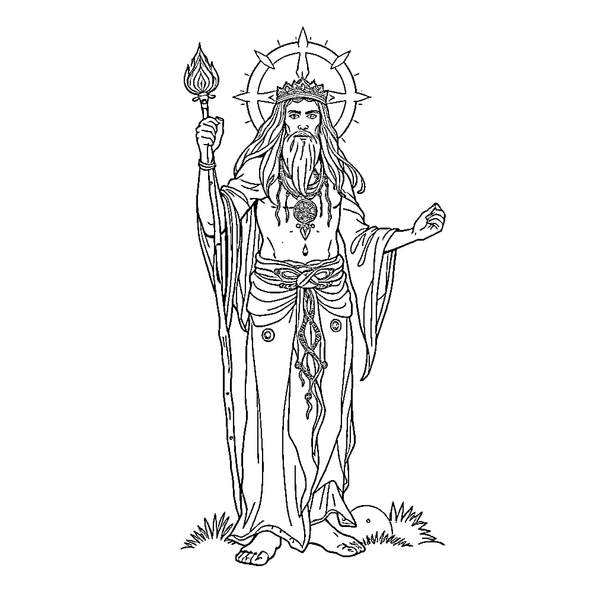 Pagan figure wielding staff in ritualistic pose Coloring Page (free black-and-white line drawing printable PDF for all, from beginners to advanced learners, including children, teens, adults, and seniors)