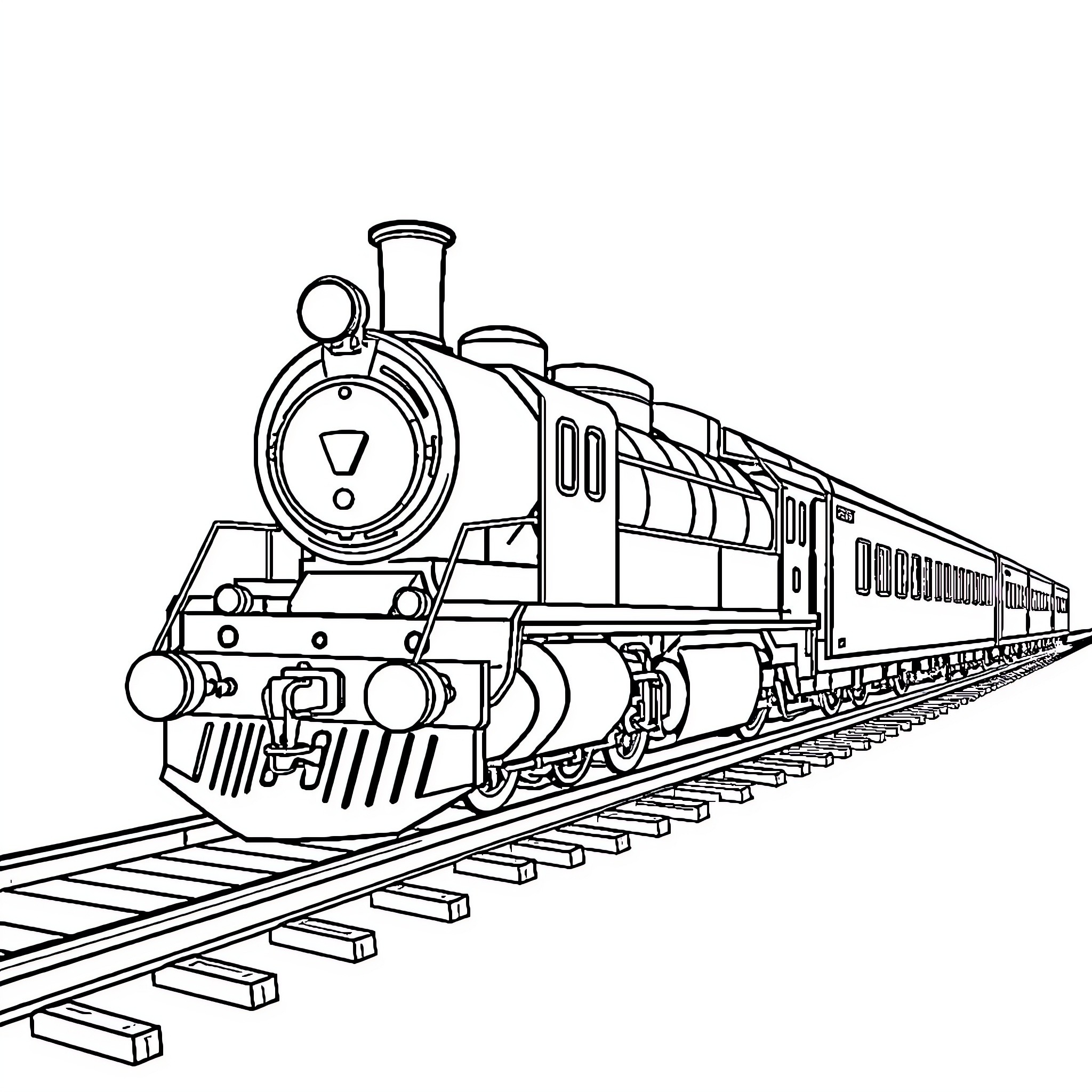 Train traveling along railway tracks Coloring Page (free black-and-white line drawing printable PDF for all, from beginners to advanced learners, including children, teens, adults, and seniors)