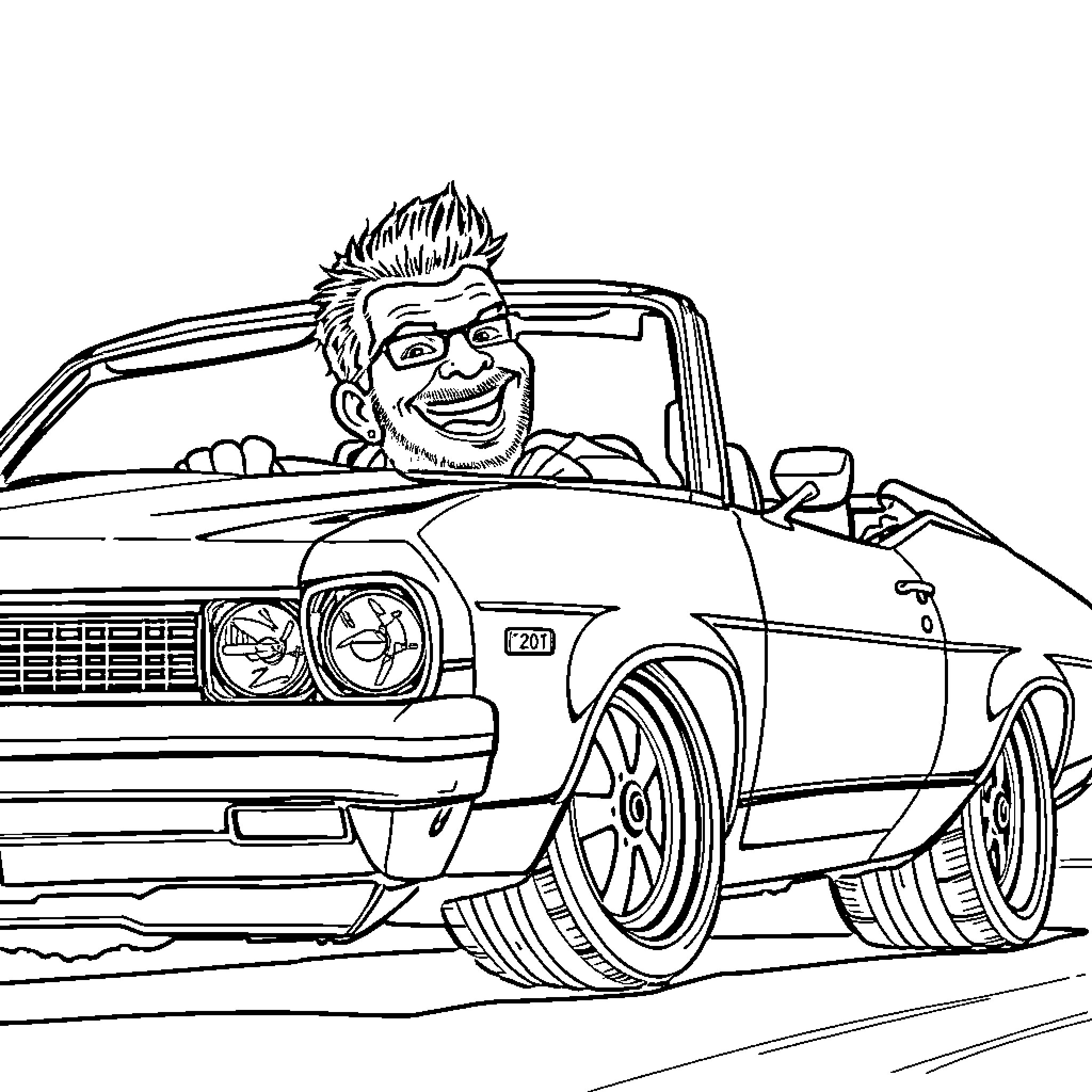 Lowrider with cheerful driver in customized vehicle Coloring Page (free black-and-white line drawing printable PDF for all, from beginners to advanced learners, including children, teens, adults, and seniors)