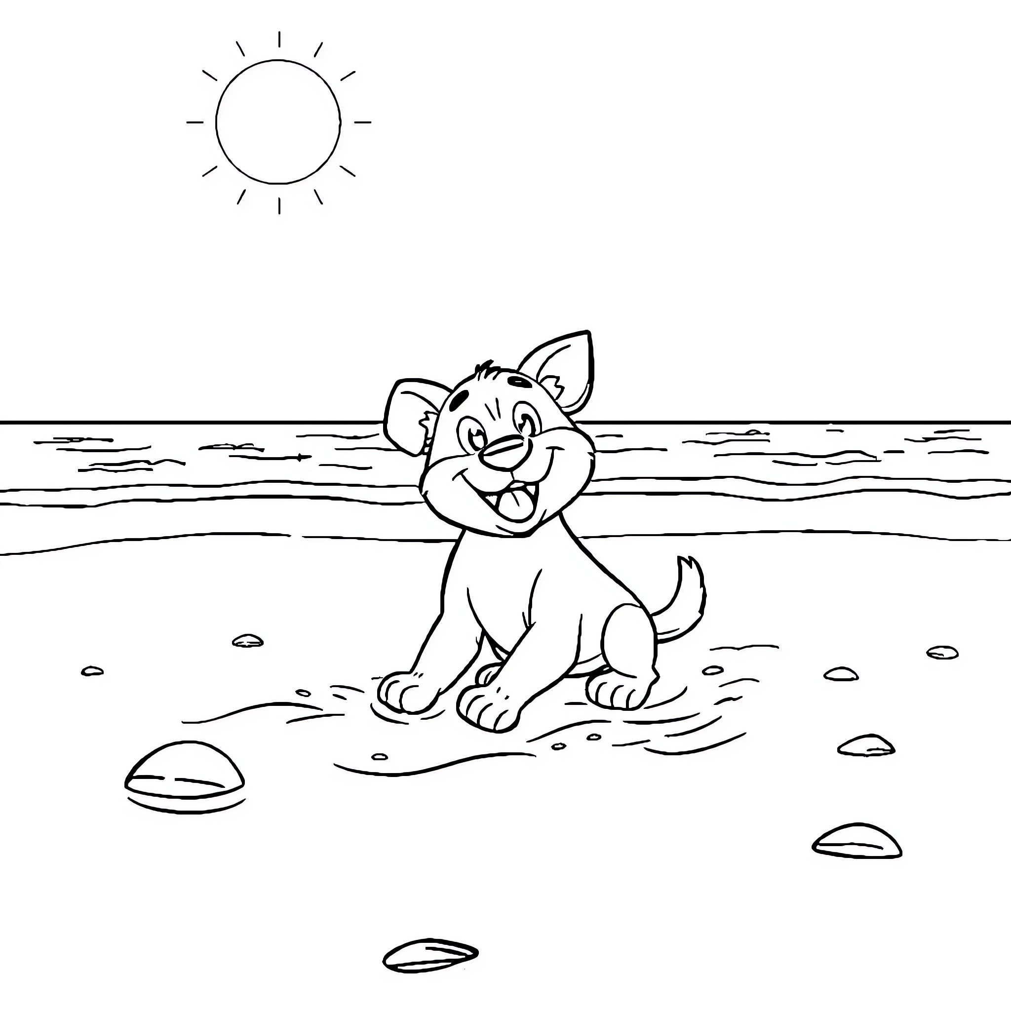 Bluey enjoying a sunny day at the beach Coloring Page (free black-and-white line drawing printable PDF for all, from beginners to advanced learners, including children, teens, adults, and seniors)