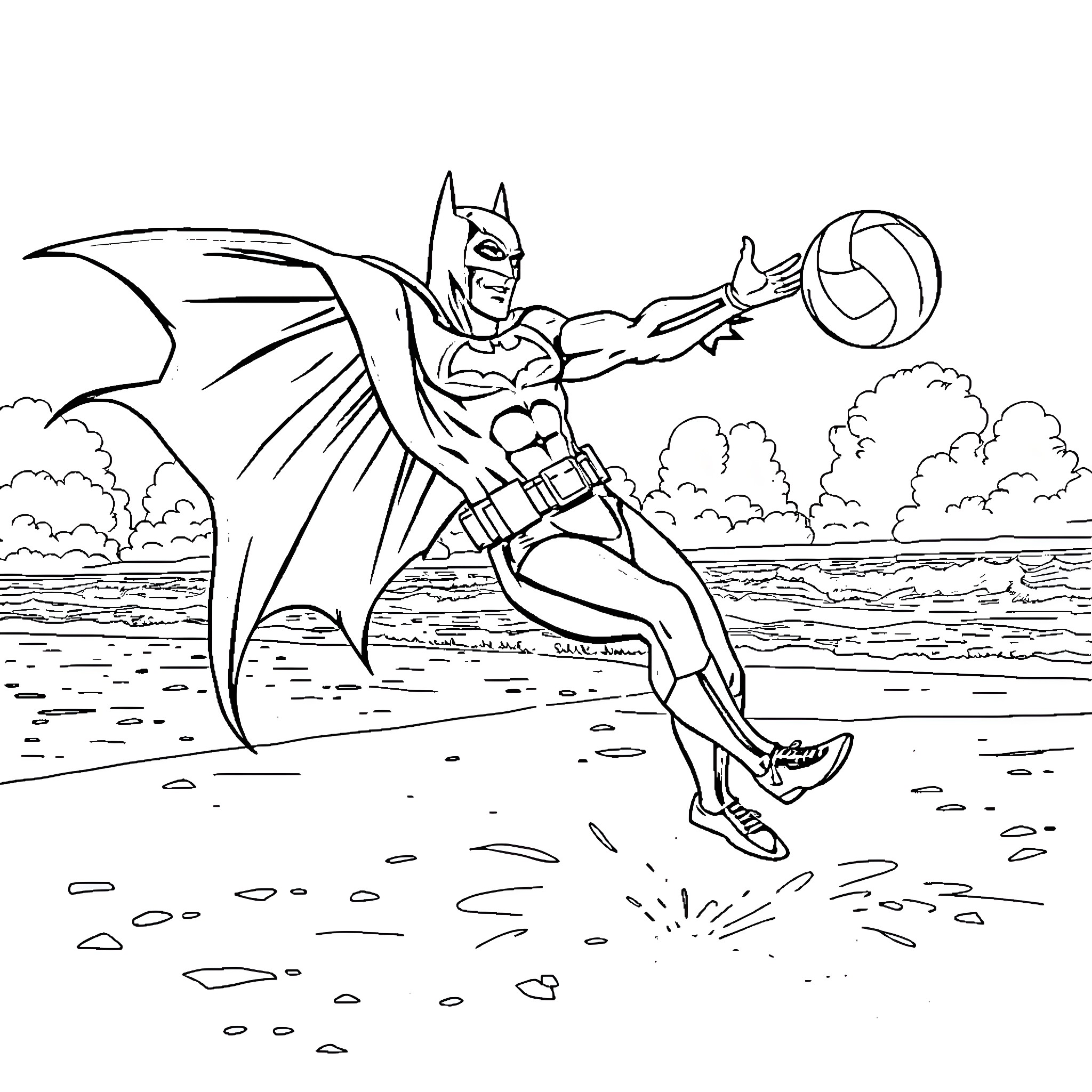 Batman Soaring Through the Skies Coloring Page (free black-and-white line drawing printable PDF for all, from beginners to advanced learners, including children, teens, adults, and seniors)