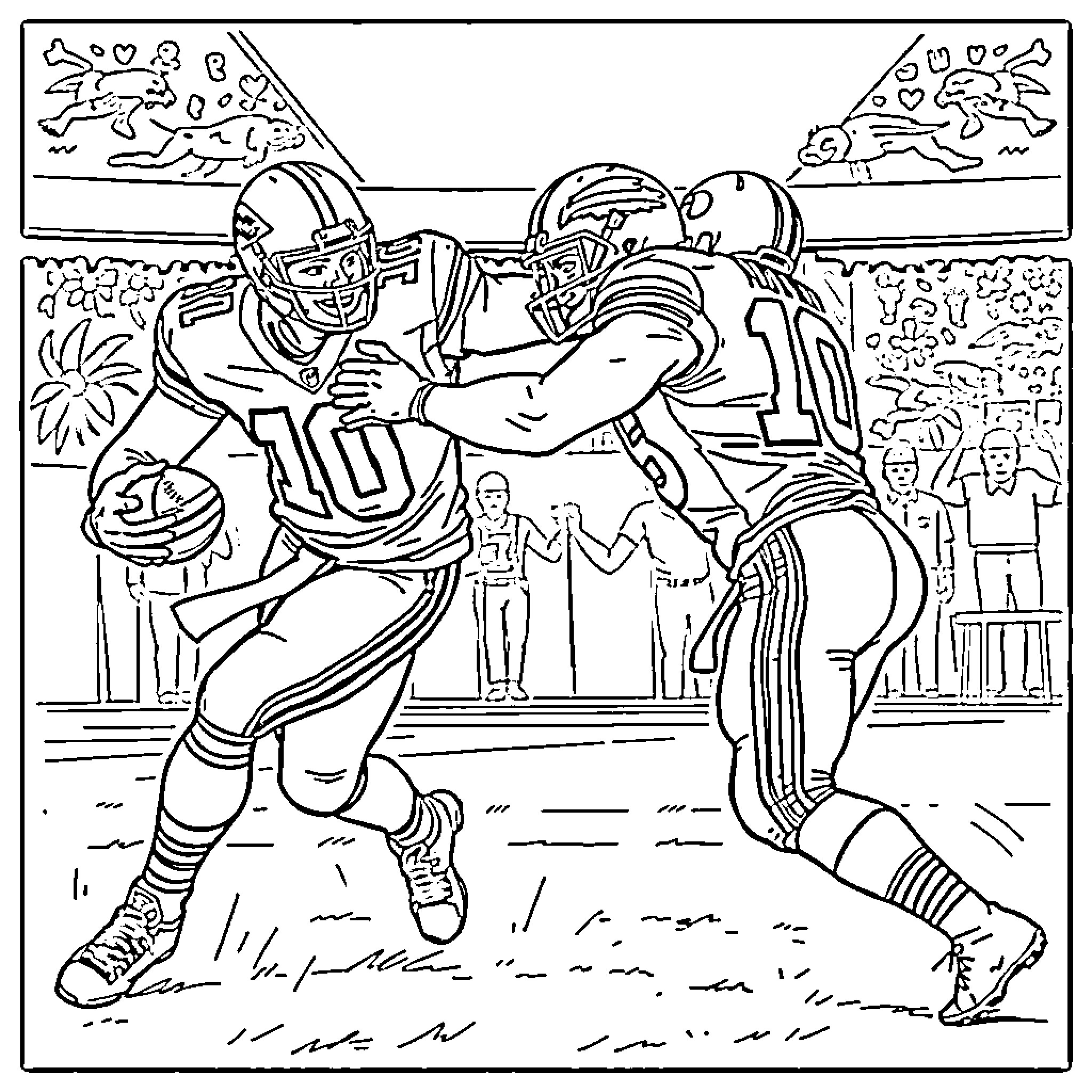 Football Players Tackling and Competing on Field Coloring Page (free black-and-white line drawing printable PDF for all, from beginners to advanced learners, including children, teens, adults, and seniors)