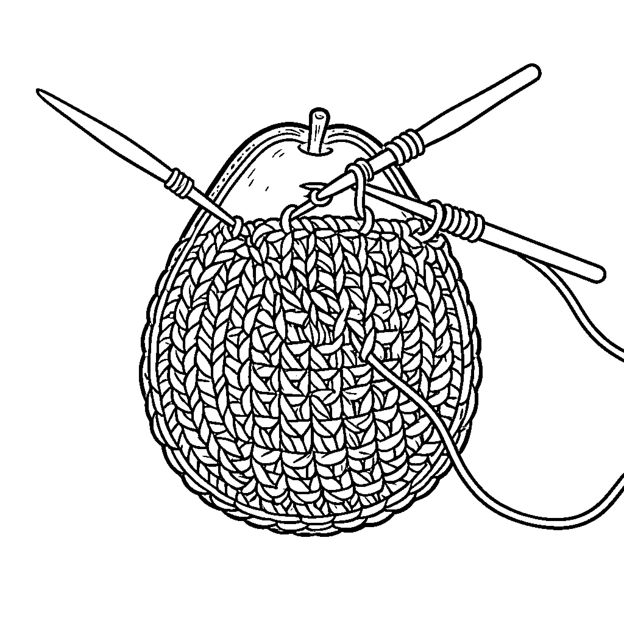 Avocado shaped yarn project with knitting needles Coloring Page (free black-and-white line drawing printable PDF for all, from beginners to advanced learners, including children, teens, adults, and seniors)