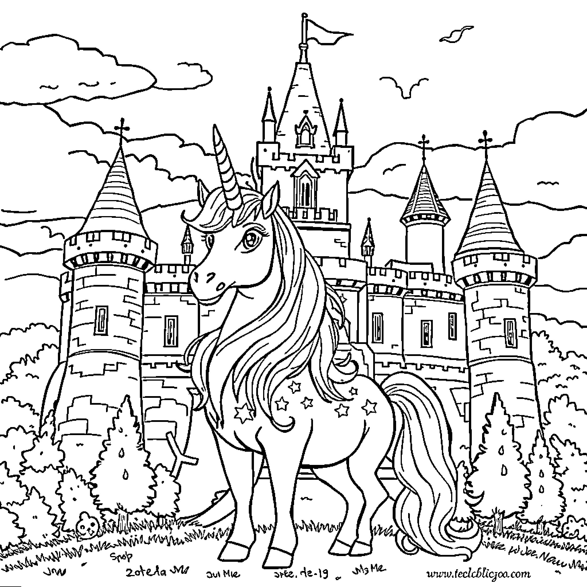 Unicorn standing proudly in front of a magical castle Coloring Page (free black-and-white line drawing printable PDF for all, from beginners to advanced learners, including children, teens, adults, and seniors)
