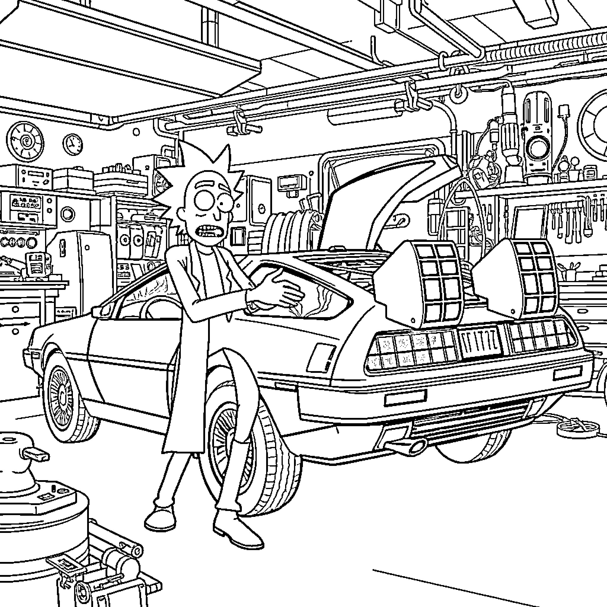 Rick And Morty in Futuristic Garage Workspace Coloring Page (free black-and-white line drawing printable PDF for all, from beginners to advanced learners, including children, teens, adults, and seniors)