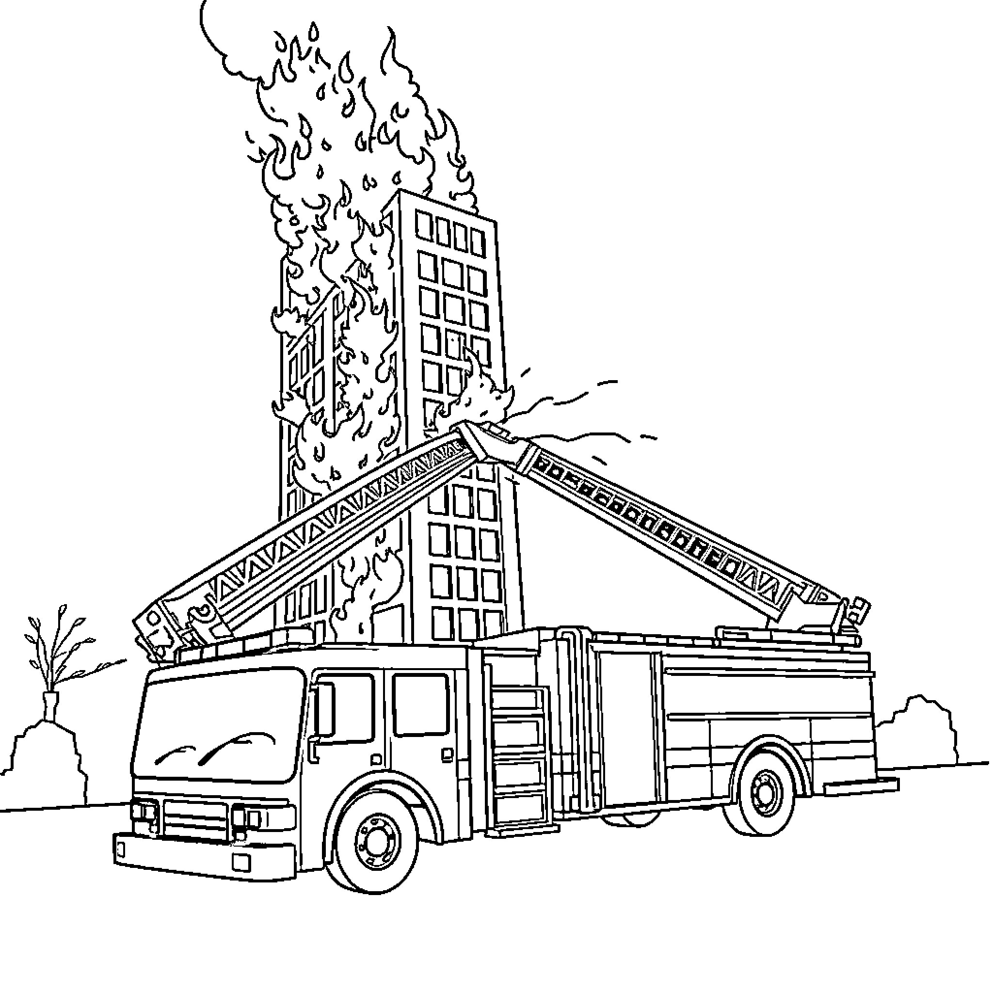 Fire Truck responding to a burning building emergency Coloring Page (free black-and-white line drawing printable PDF for all, from beginners to advanced learners, including children, teens, adults, and seniors)
