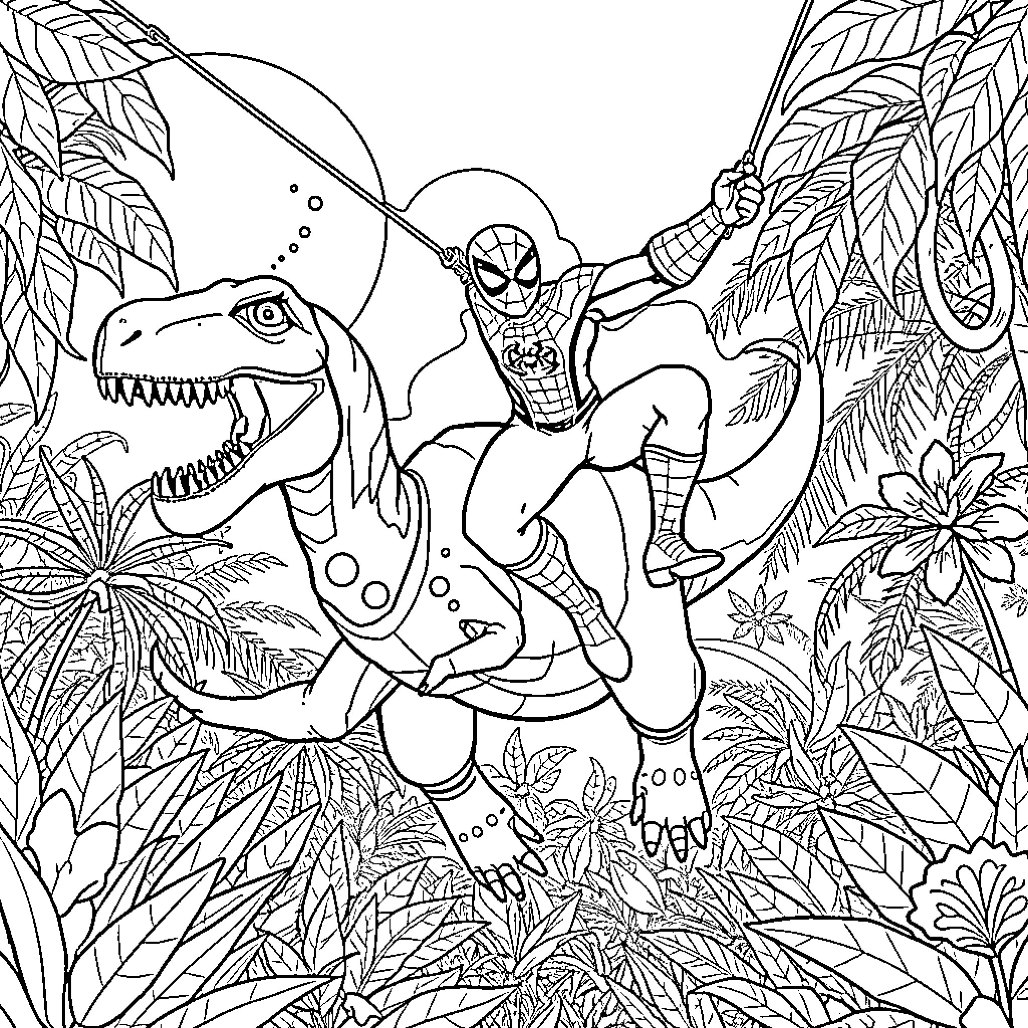 Spiderman battles a prehistoric beast in the jungle Coloring Page (free black-and-white line drawing printable PDF for all, from beginners to advanced learners, including children, teens, adults, and seniors)