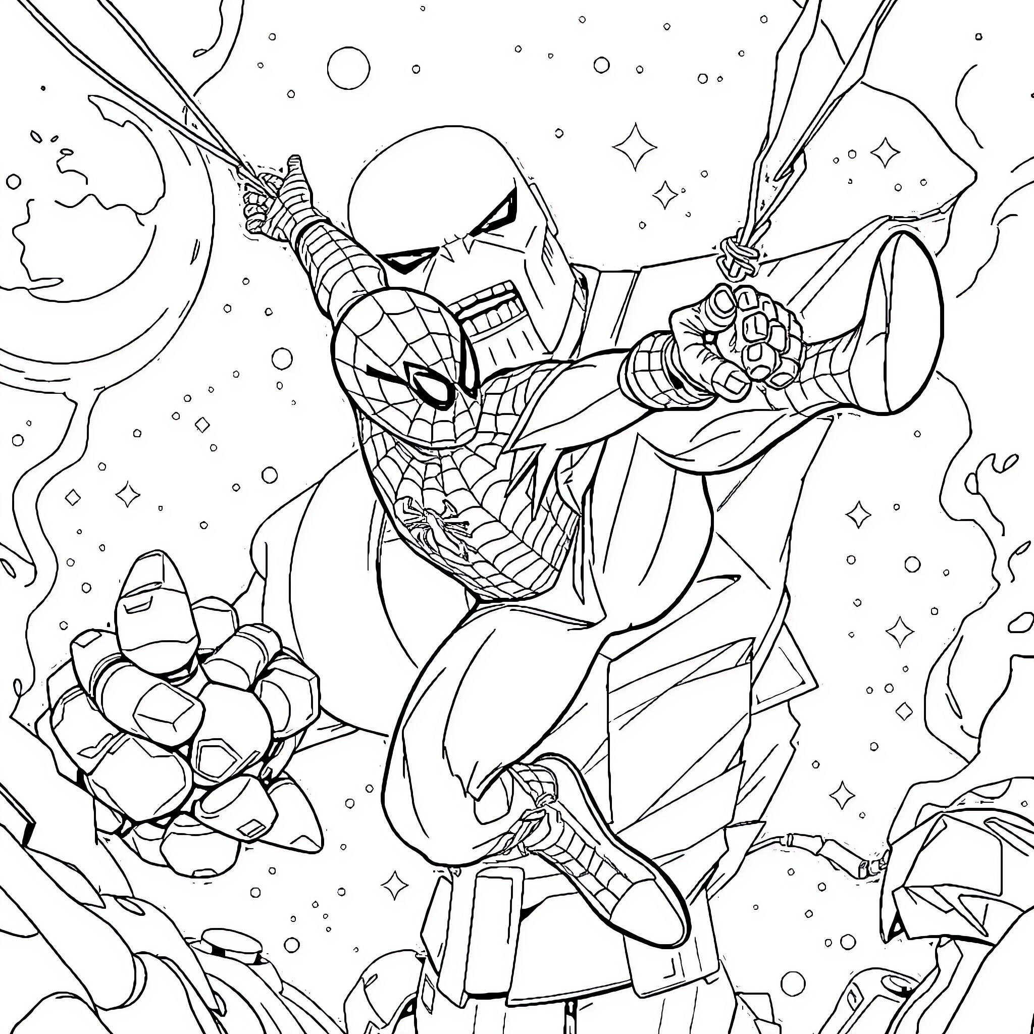 Spiderman battling villains in outer space Coloring Page (free black-and-white line drawing printable PDF for all, from beginners to advanced learners, including children, teens, adults, and seniors)