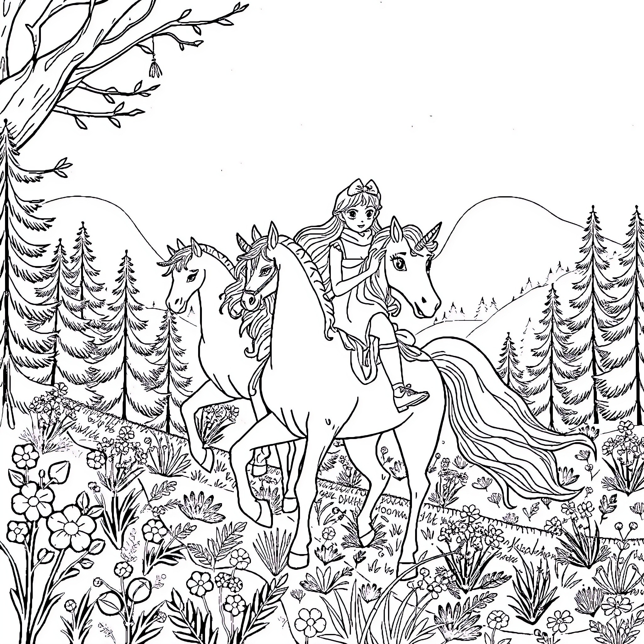 Girl riding magical unicorns in enchanted forest Coloring Page (free black-and-white line drawing printable PDF for all, from beginners to advanced learners, including children, teens, adults, and seniors)