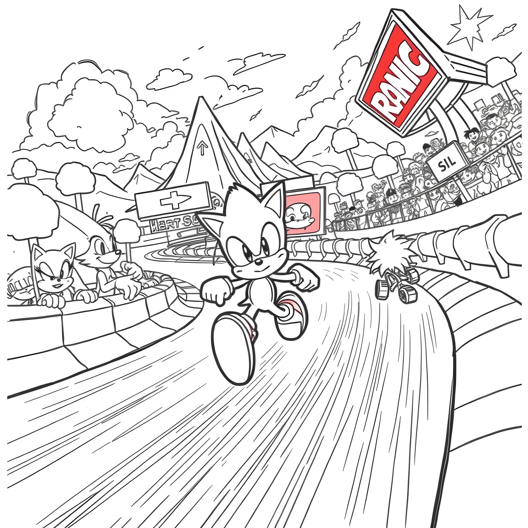 Sonic racing through a vibrant landscape Coloring Page (free black-and-white line drawing printable PDF for all, from beginners to advanced learners, including children, teens, adults, and seniors)