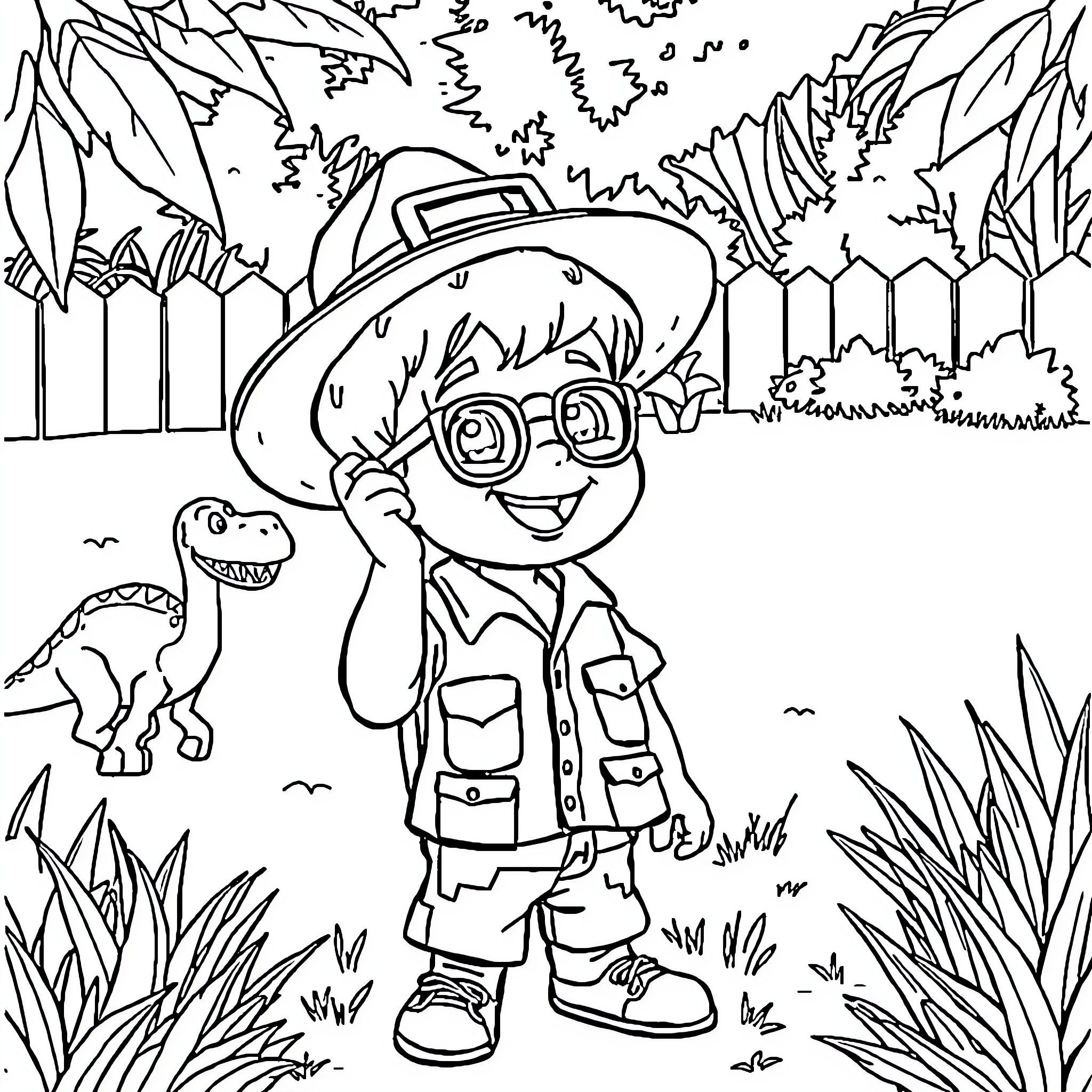 Boy exploring the jungle with his dinosaur friend Coloring Page (free black-and-white line drawing printable PDF for all, from beginners to advanced learners, including children, teens, adults, and seniors)