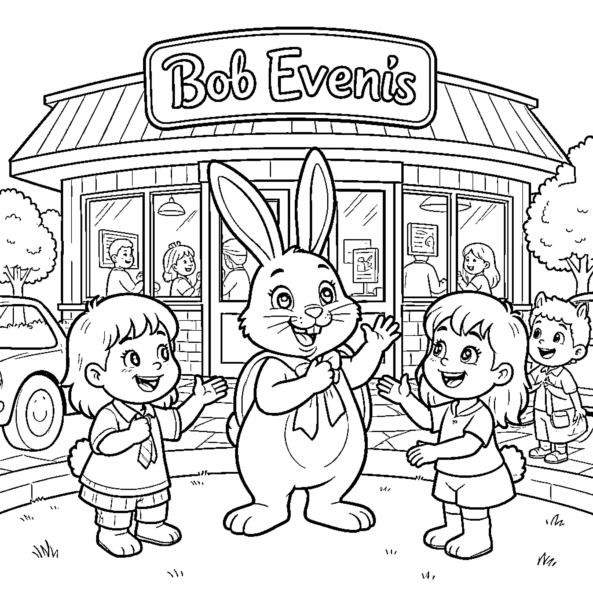 Bunny having fun with children at an event store Coloring Page (free black-and-white line drawing printable PDF for all, from beginners to advanced learners, including children, teens, adults, and seniors)