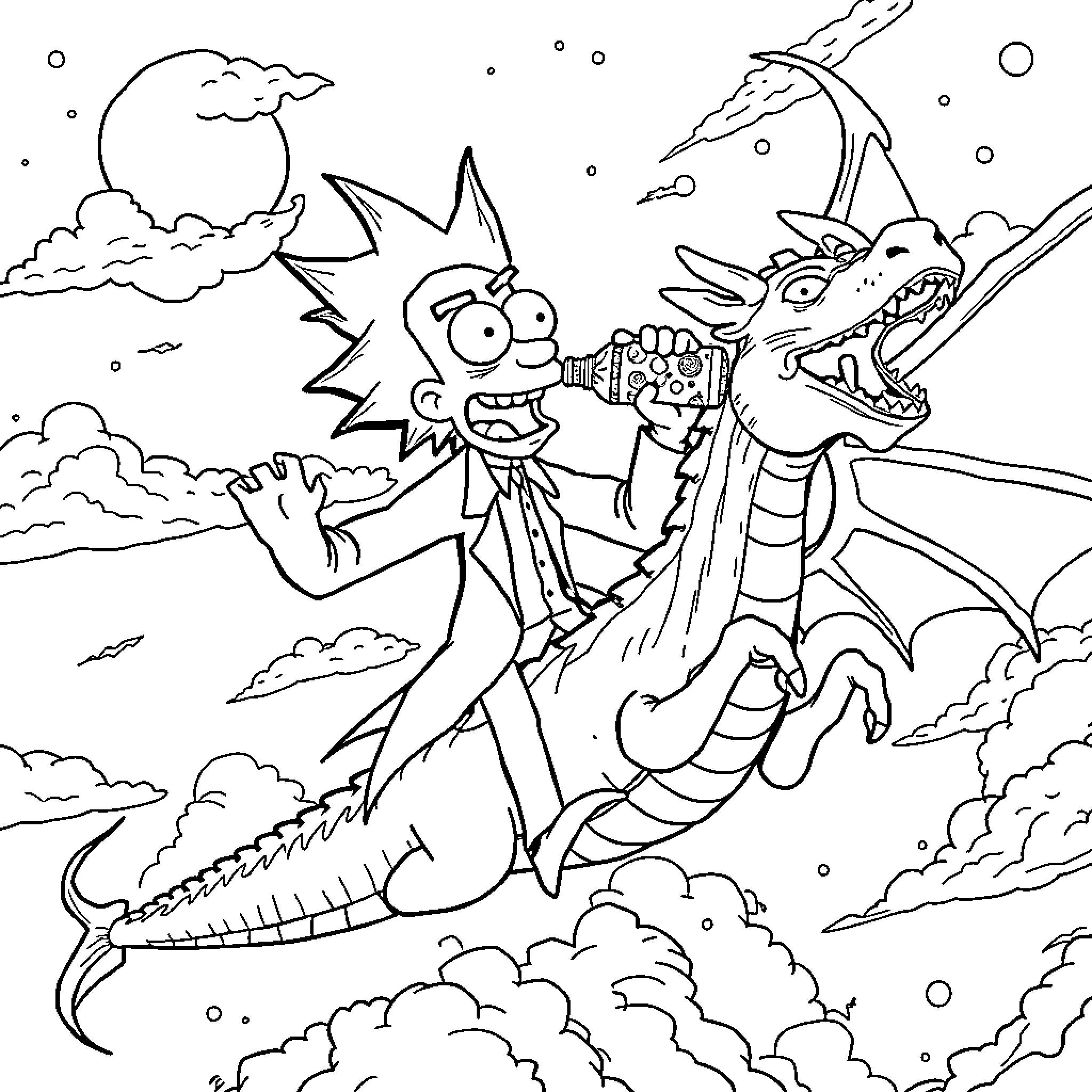 Rick Sanchez riding a dragon through the clouds Coloring Page (free black-and-white line drawing printable PDF for all, from beginners to advanced learners, including children, teens, adults, and seniors)