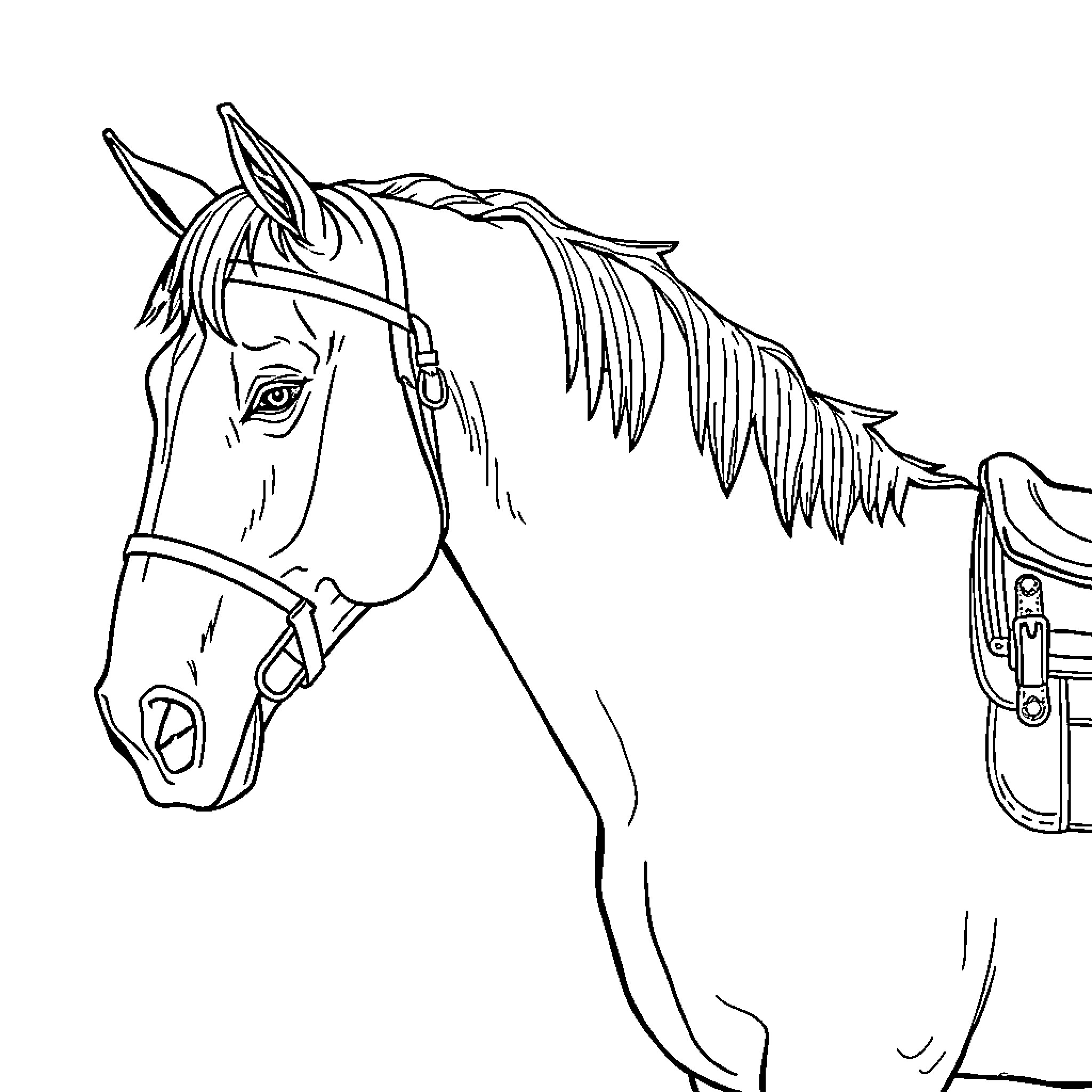 Horse wearing saddle and bridle Coloring Page (free black-and-white line drawing printable PDF for all, from beginners to advanced learners, including children, teens, adults, and seniors)