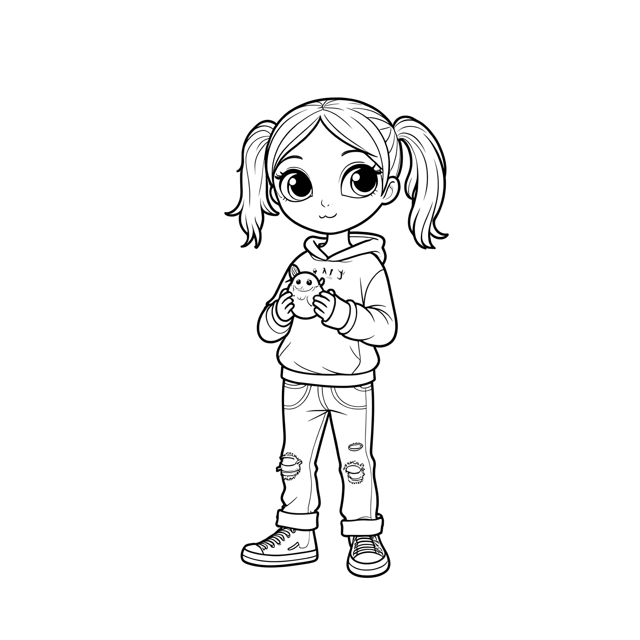 Alien Girl Holding Cute Plush Toy Coloring Page (free black-and-white line drawing printable PDF for all, from beginners to advanced learners, including children, teens, adults, and seniors)