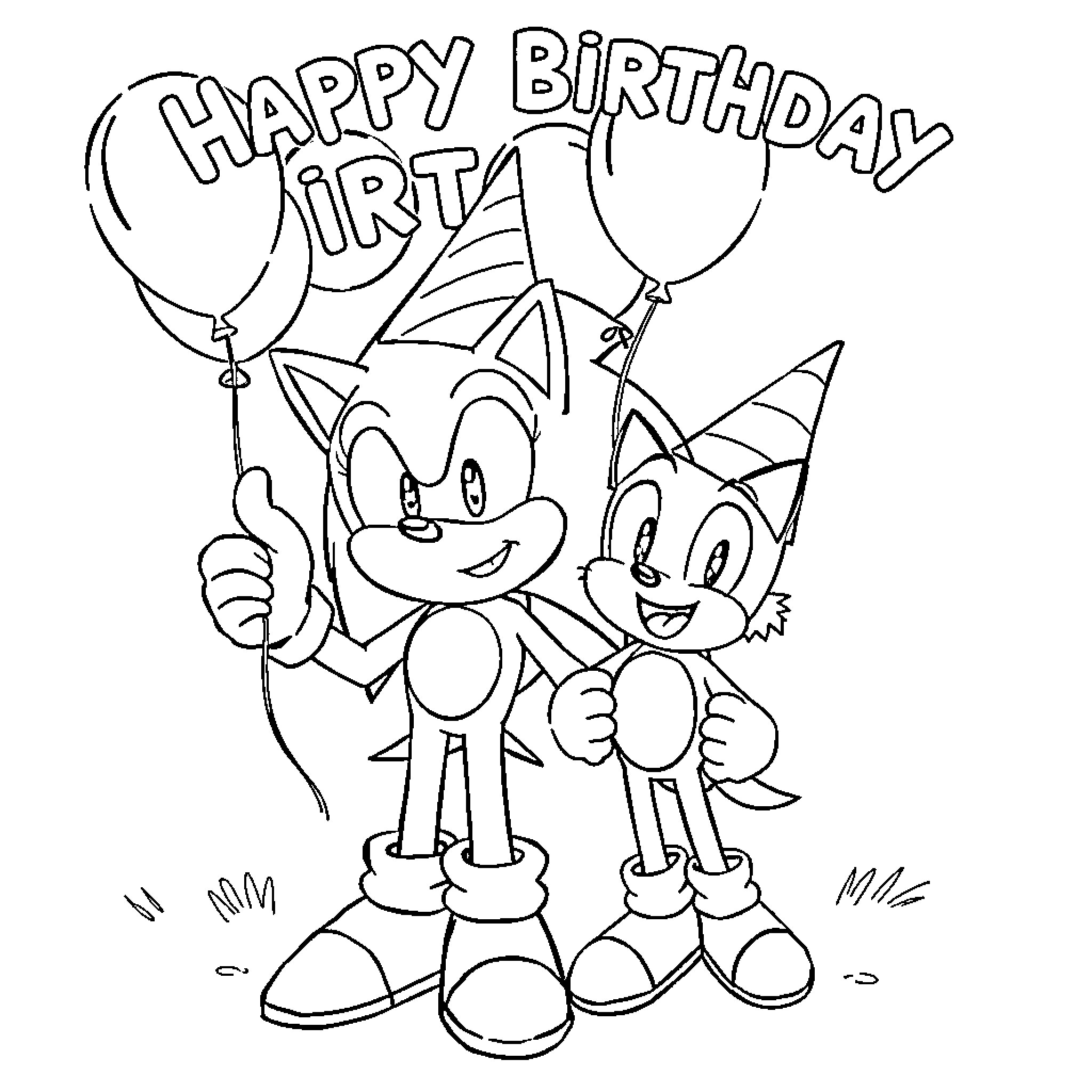 Sonic characters celebrating happy birthday with balloons Coloring Page (free black-and-white line drawing printable PDF for all, from beginners to advanced learners, including children, teens, adults, and seniors)