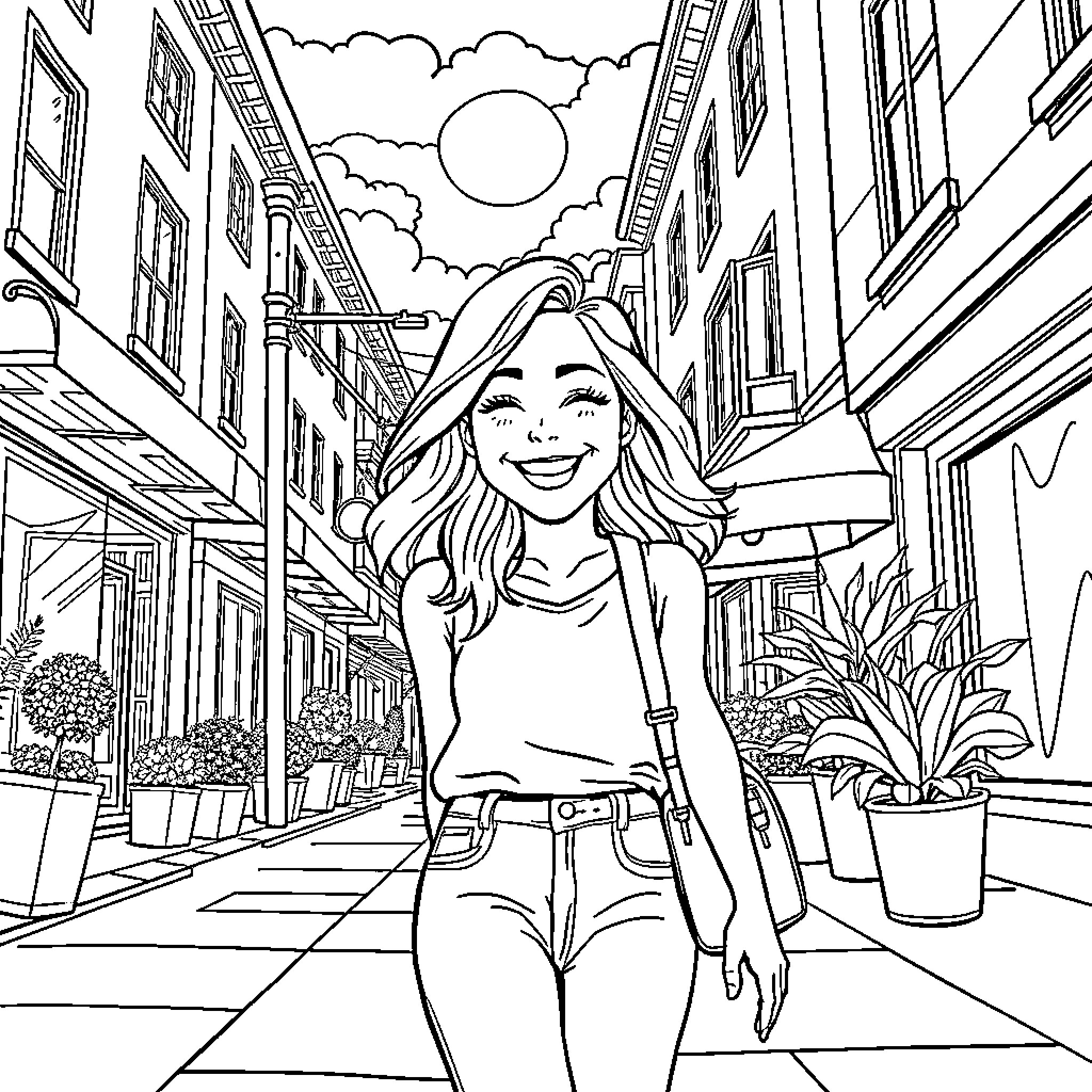 Bella Ramsey enjoys a sunny day strolling down the city street Coloring Page (free black-and-white line drawing printable PDF for all, from beginners to advanced learners, including children, teens, adults, and seniors)