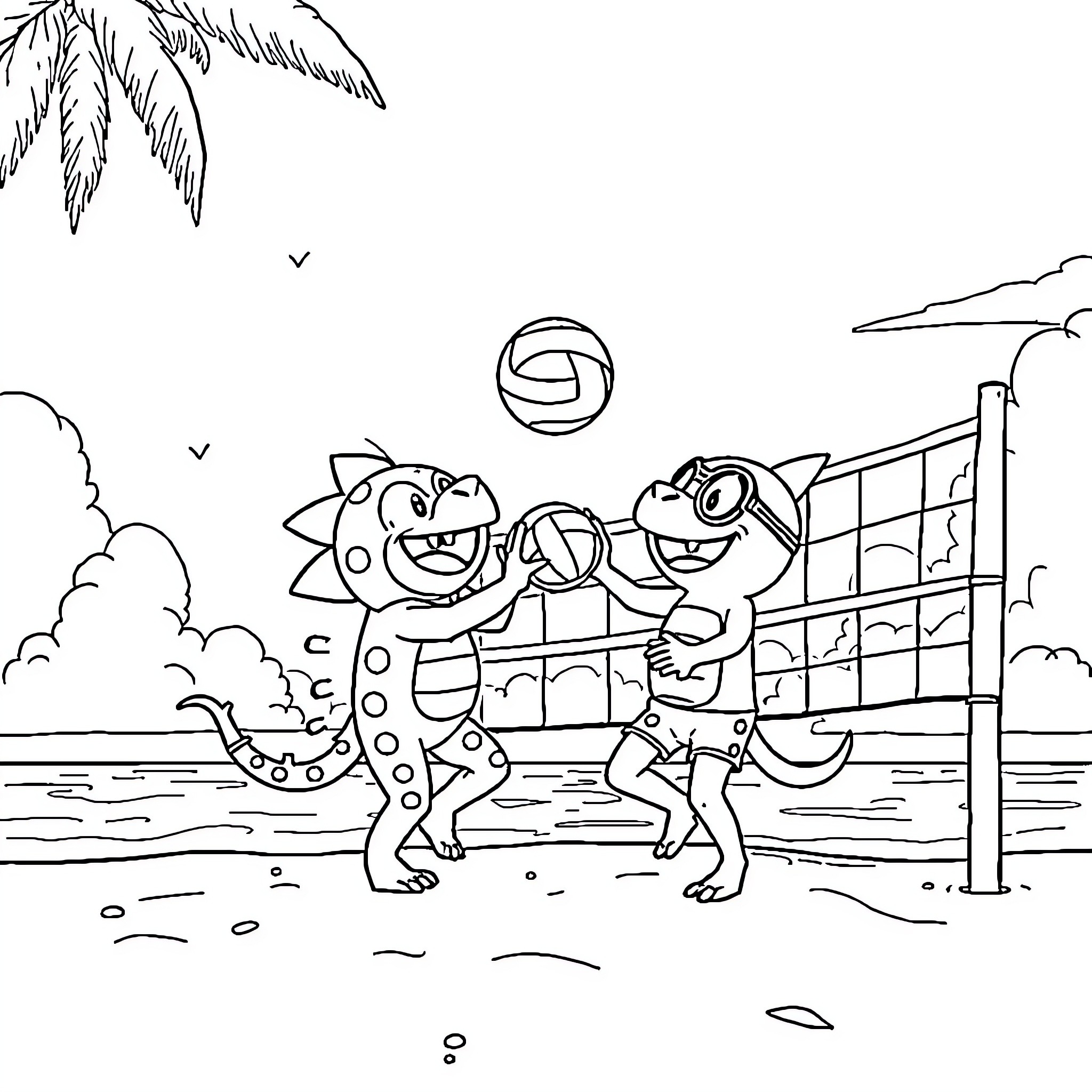 Agumon playing volleyball with friends on the beach Coloring Page (free black-and-white line drawing printable PDF for all, from beginners to advanced learners, including children, teens, adults, and seniors)