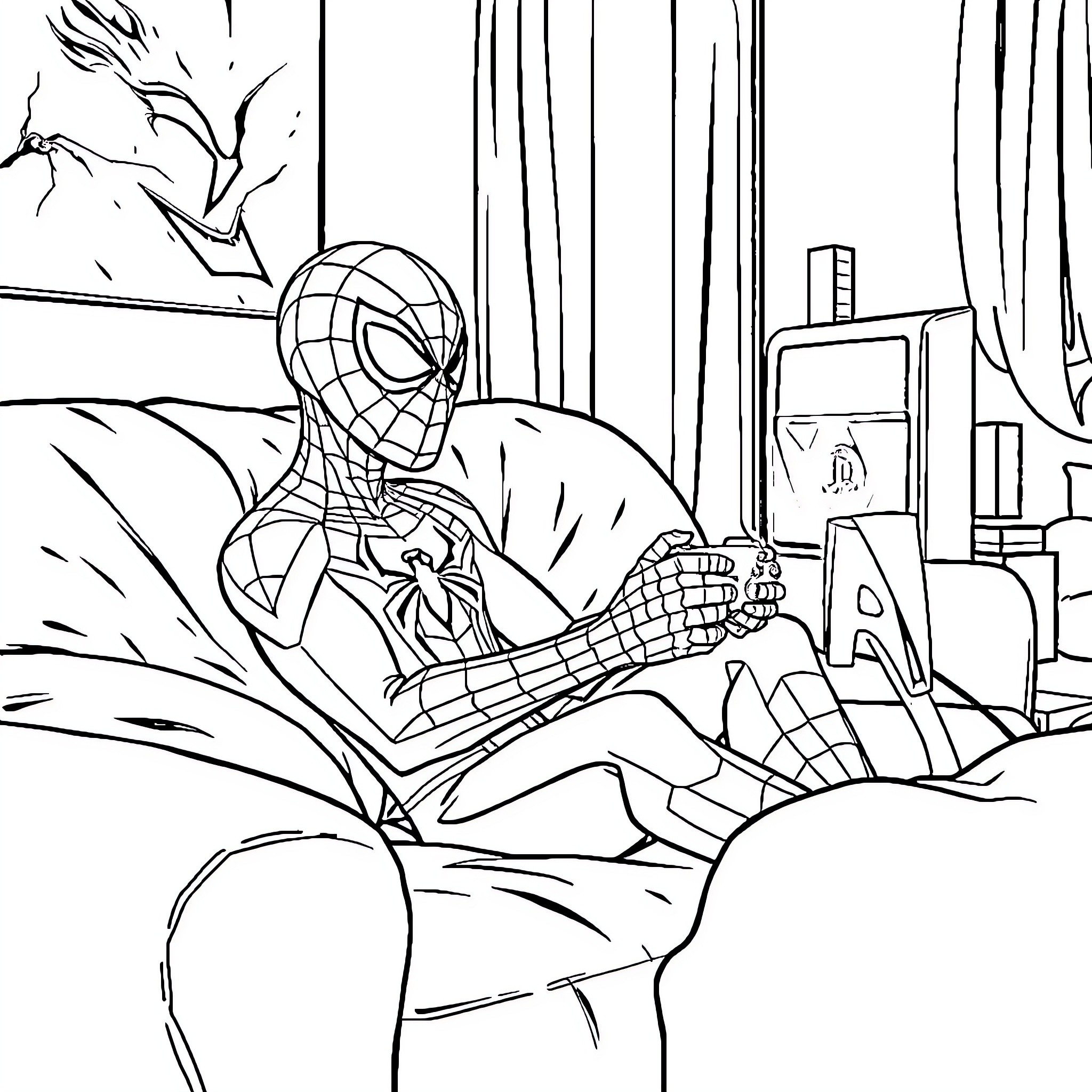 Spiderman swinging through the city in action Coloring Page (free black-and-white line drawing printable PDF for all, from beginners to advanced learners, including children, teens, adults, and seniors)
