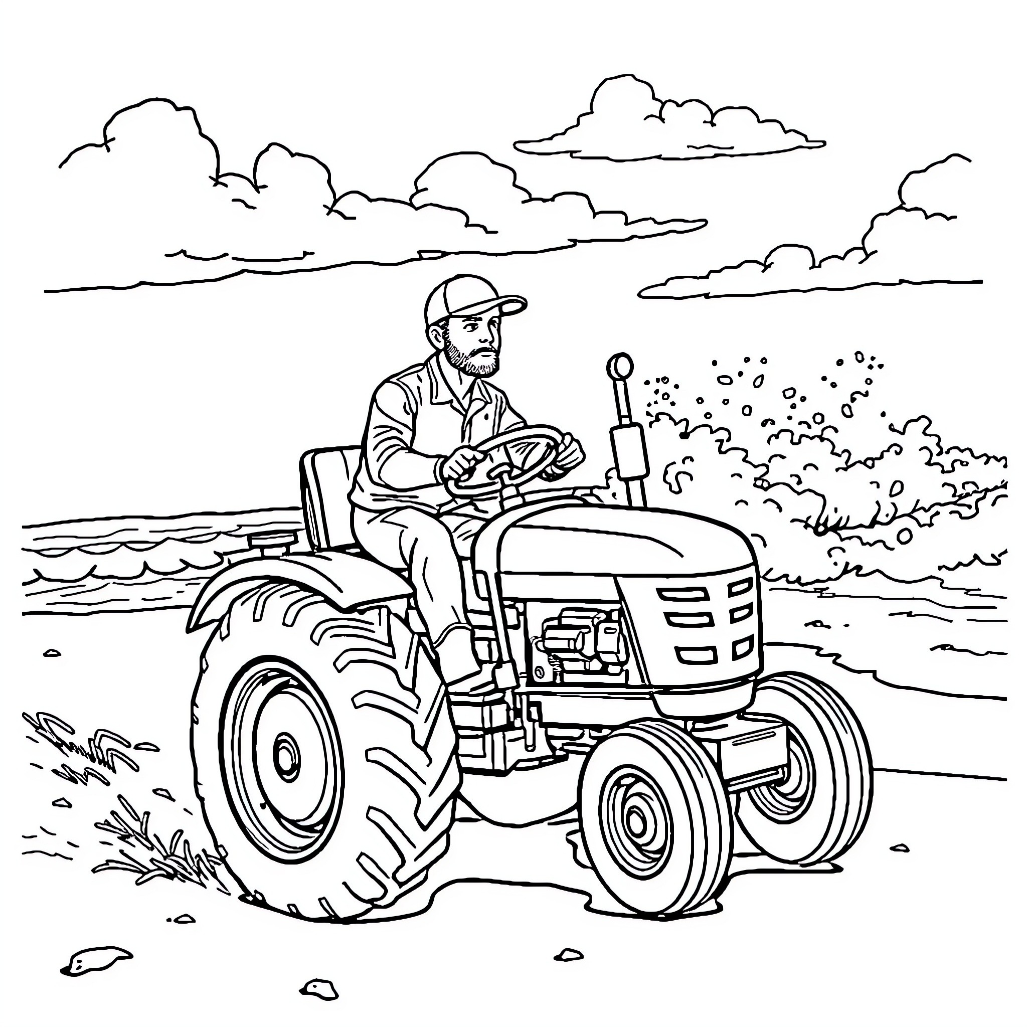 Capitaine Haddock drives a tractor in the countryside Coloring Page (free black-and-white line drawing printable PDF for all, from beginners to advanced learners, including children, teens, adults, and seniors)