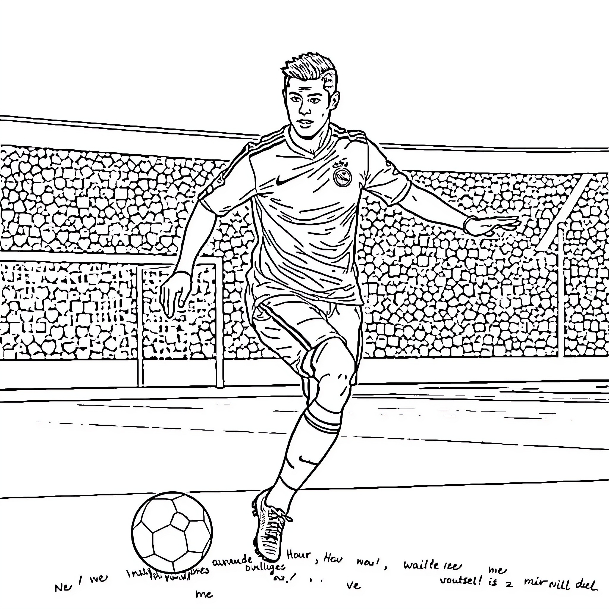 Ronaldo playing soccer on the field Coloring Page (free black-and-white line drawing printable PDF for all, from beginners to advanced learners, including children, teens, adults, and seniors)