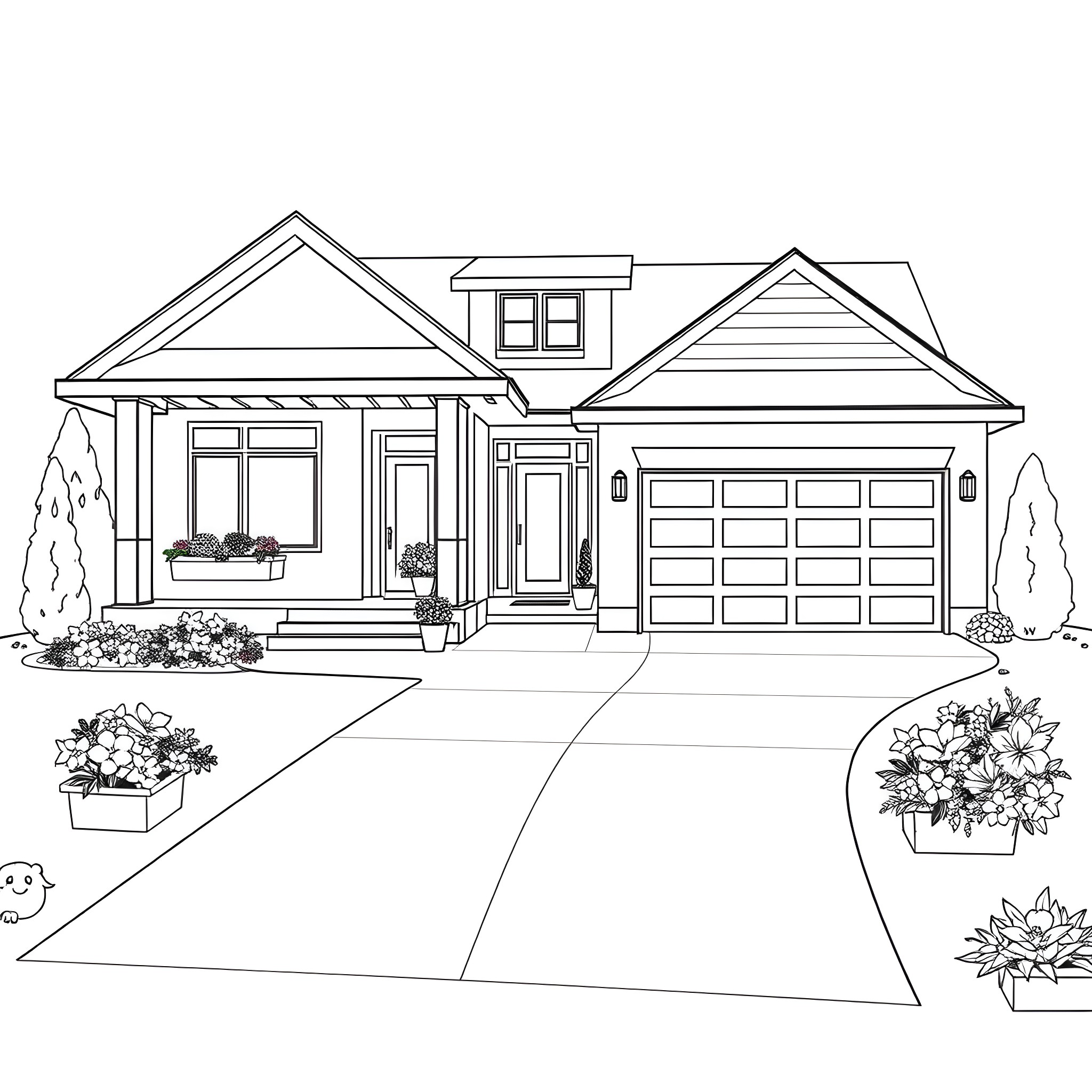 Home with Flowering Plants in the Garden Coloring Page (free black-and-white line drawing printable PDF for all, from beginners to advanced learners, including children, teens, adults, and seniors)