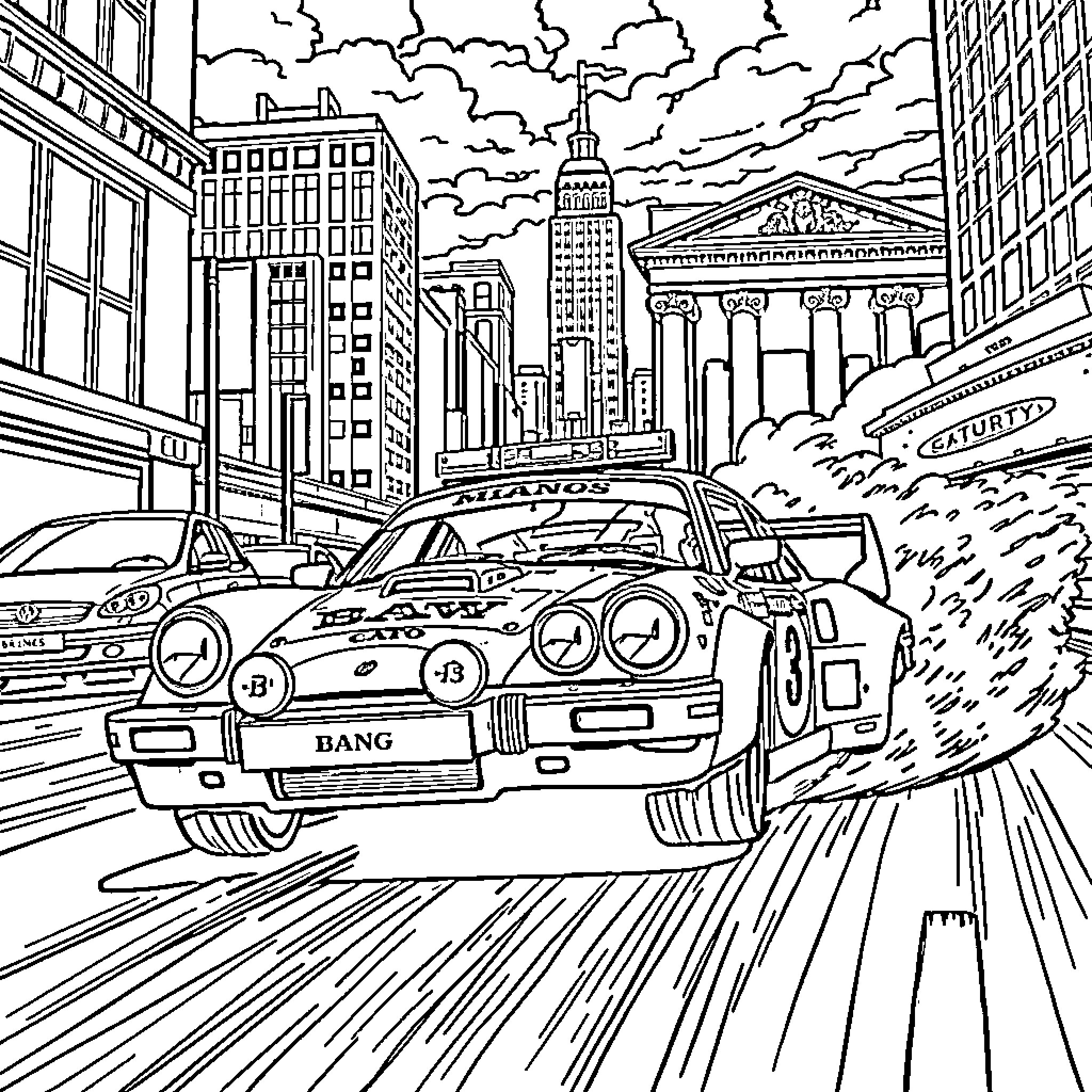 Rally Car Racing Through the City Streets Coloring Page (free black-and-white line drawing printable PDF for all, from beginners to advanced learners, including children, teens, adults, and seniors)