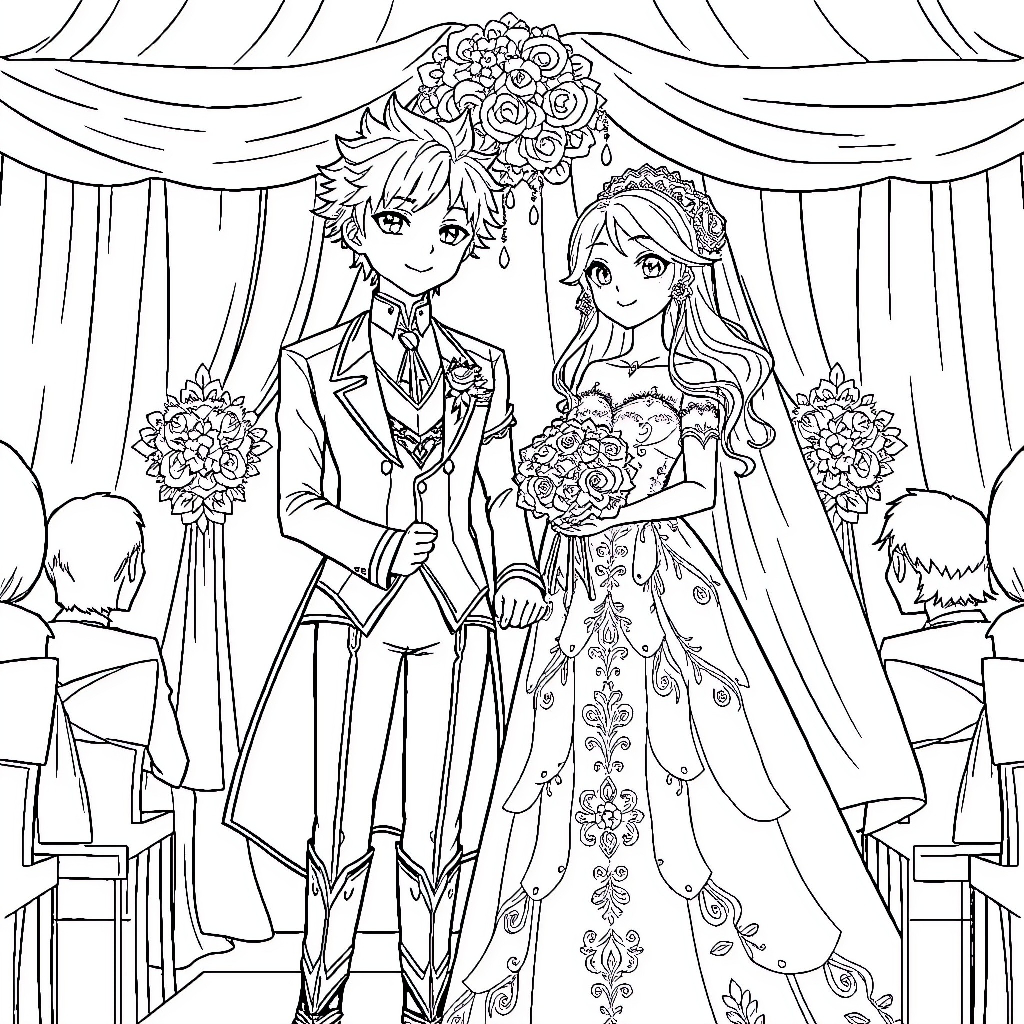 Diluc's Elegant Wedding Ceremony Coloring Page (free black-and-white line drawing printable PDF for all, from beginners to advanced learners, including children, teens, adults, and seniors)