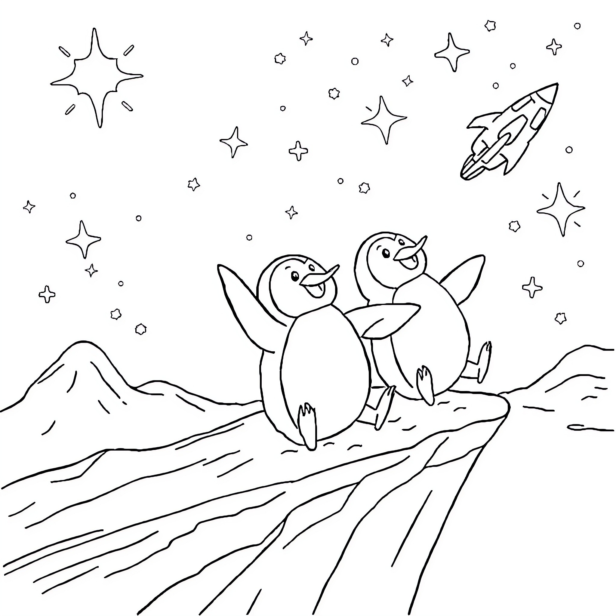 Penguins gazing at stars in a snowy landscape Coloring Page (free black-and-white line drawing printable PDF for all, from beginners to advanced learners, including children, teens, adults, and seniors)