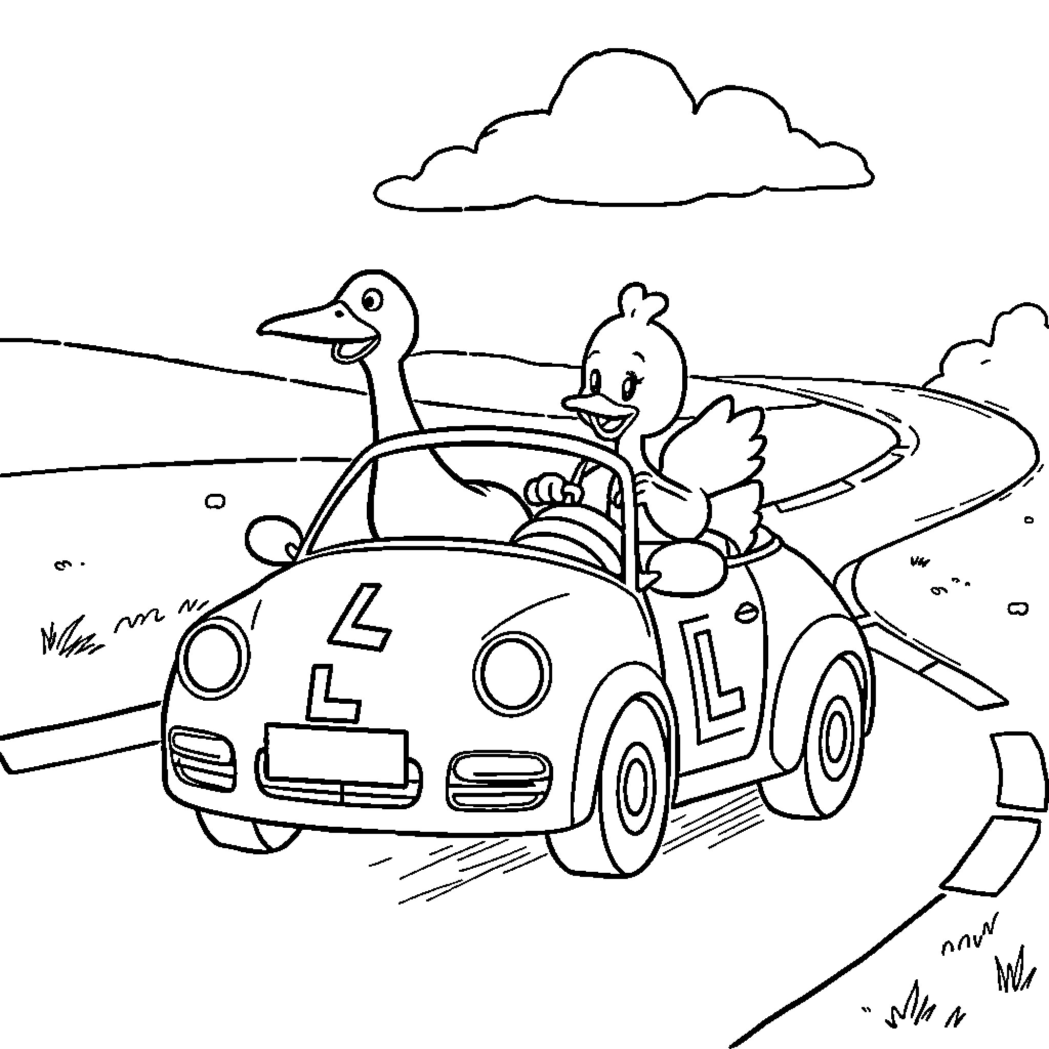 Goose driving funny car with chick friend Coloring Page (free black-and-white line drawing printable PDF for all, from beginners to advanced learners, including children, teens, adults, and seniors)