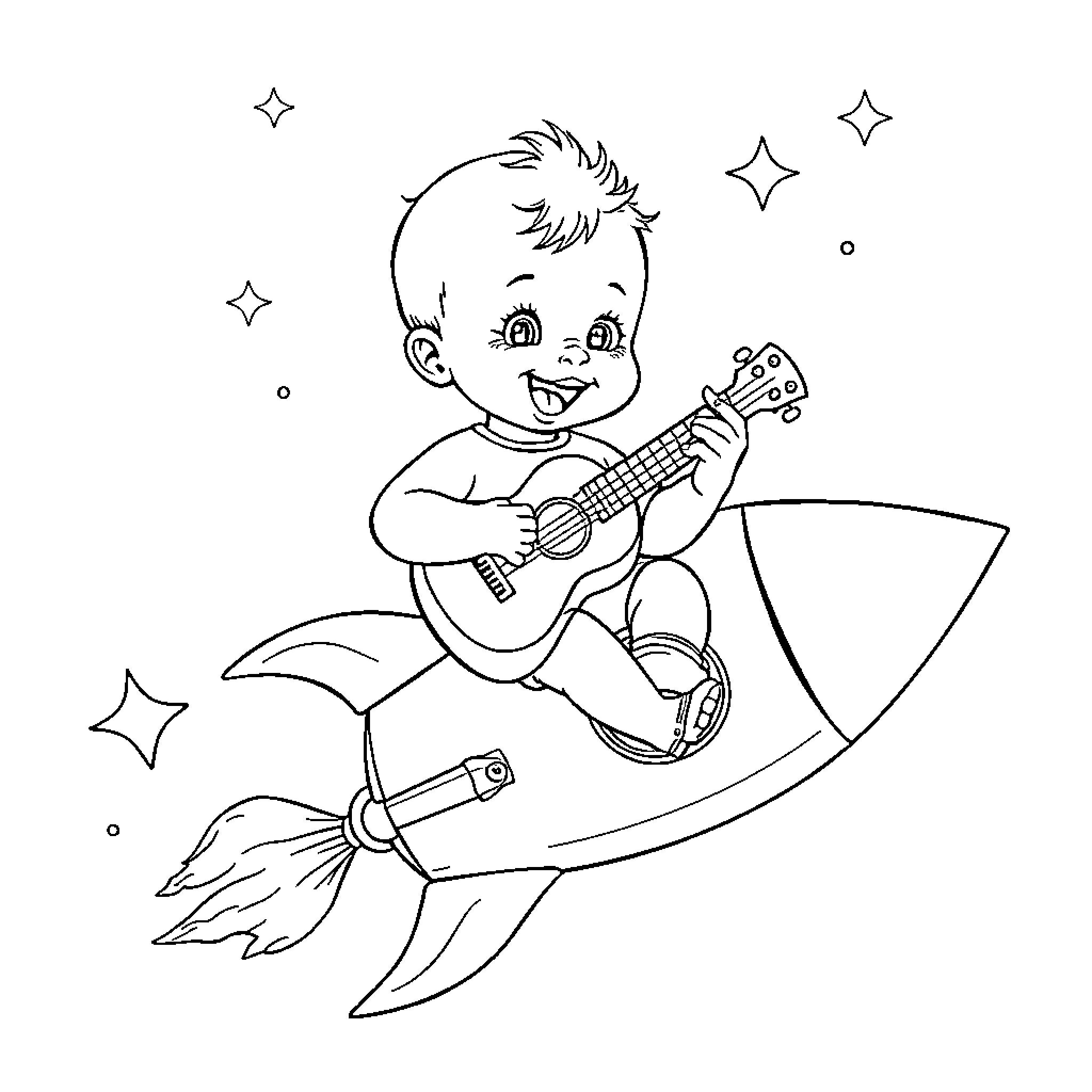 Baby playing guitar on a rocket Coloring Page (free black-and-white line drawing printable PDF for all, from beginners to advanced learners, including children, teens, adults, and seniors)