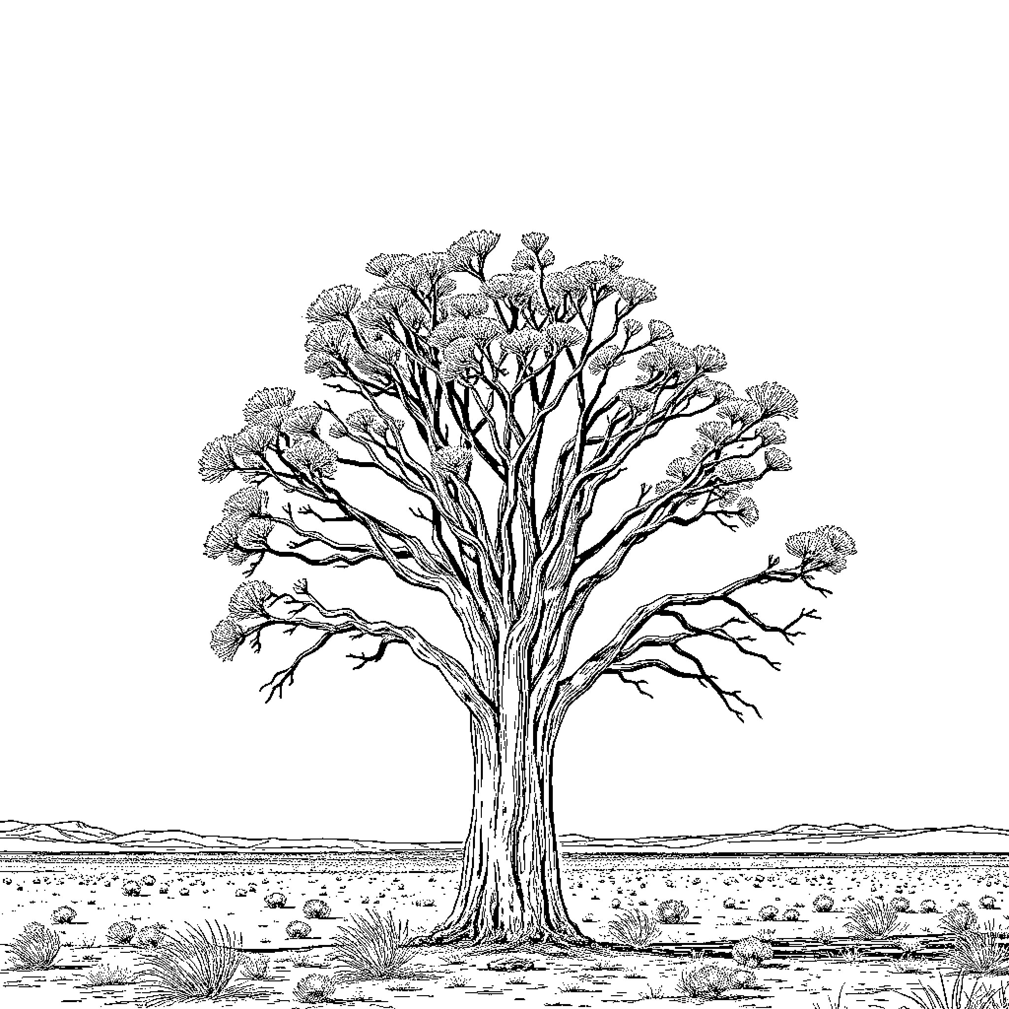 Boab tree standing tall in the desert landscape Coloring Page (free black-and-white line drawing printable PDF for all, from beginners to advanced learners, including children, teens, adults, and seniors)