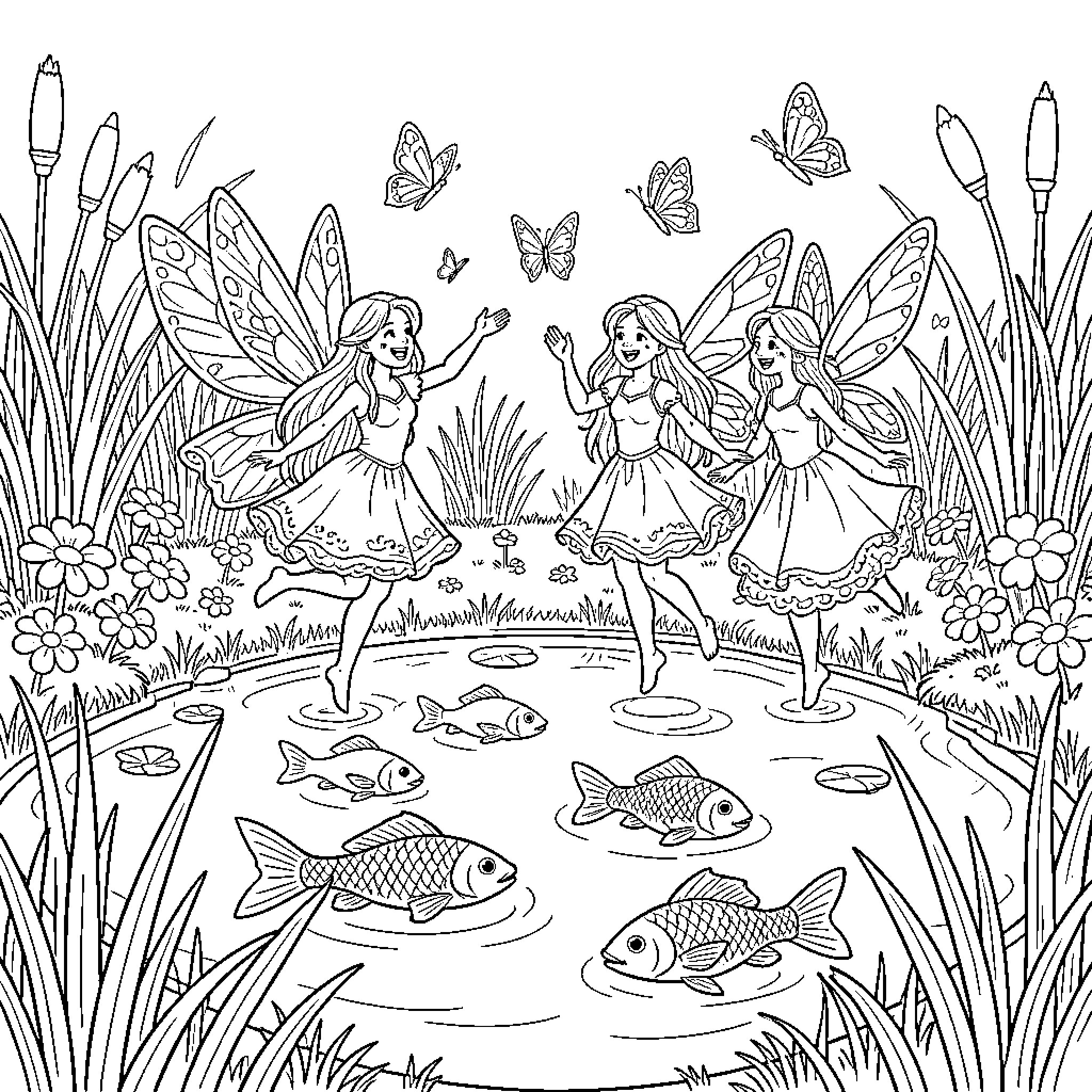 Fairy friends dancing joyfully near a pond with butterflies Coloring Page (free black-and-white line drawing printable PDF for all, from beginners to advanced learners, including children, teens, adults, and seniors)