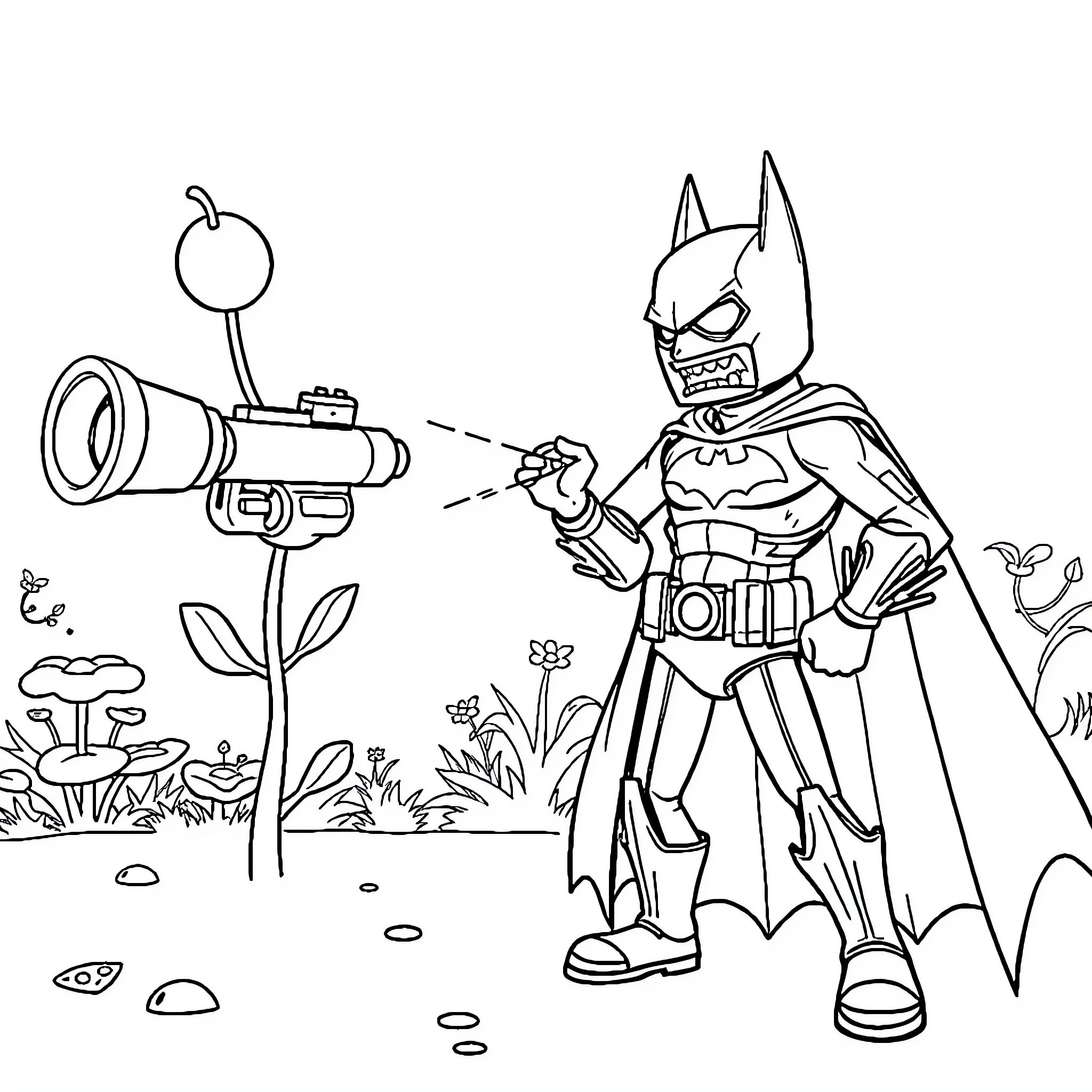 Pea Shooter Batman spraying flowers in the garden Coloring Page (free black-and-white line drawing printable PDF for all, from beginners to advanced learners, including children, teens, adults, and seniors)