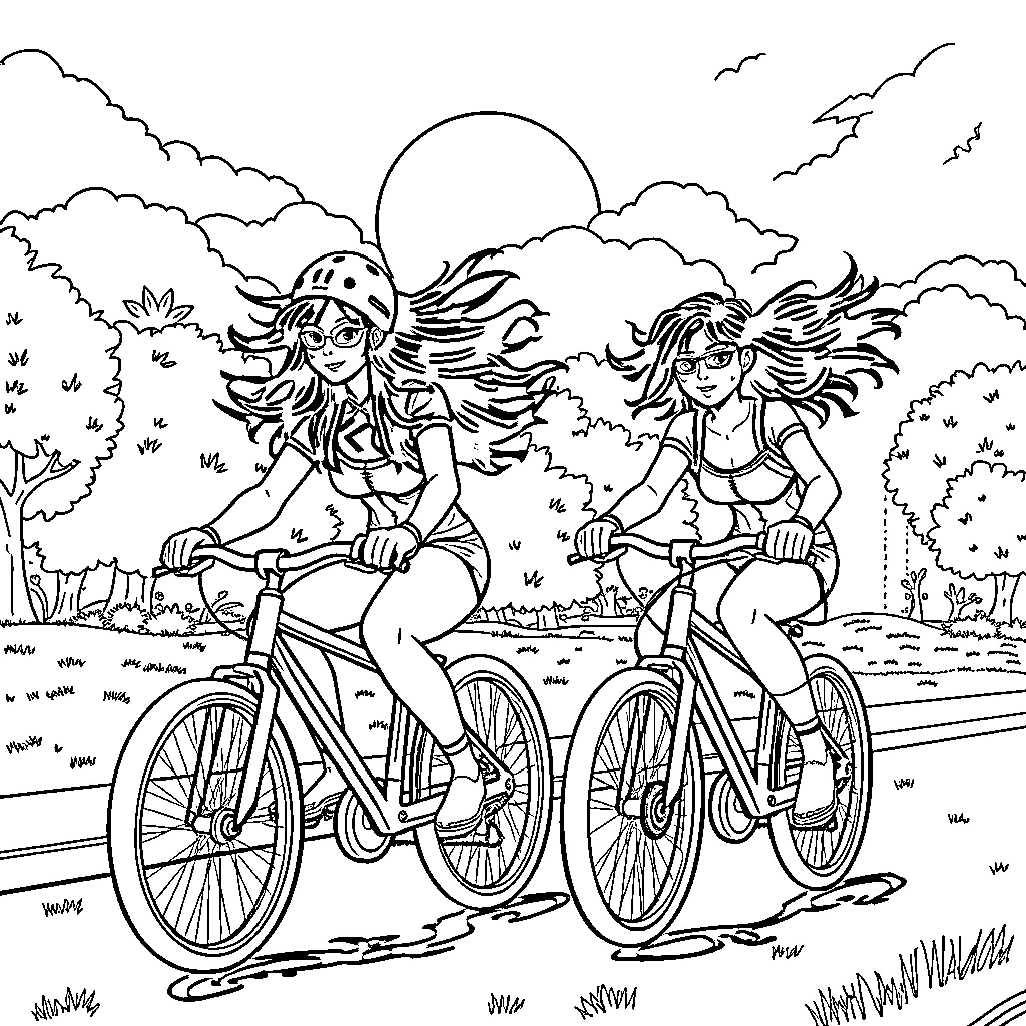 K Pop Warrior Adventurers Ride Bicycles in Nature Coloring Page (free black-and-white line drawing printable PDF for all, from beginners to advanced learners, including children, teens, adults, and seniors)