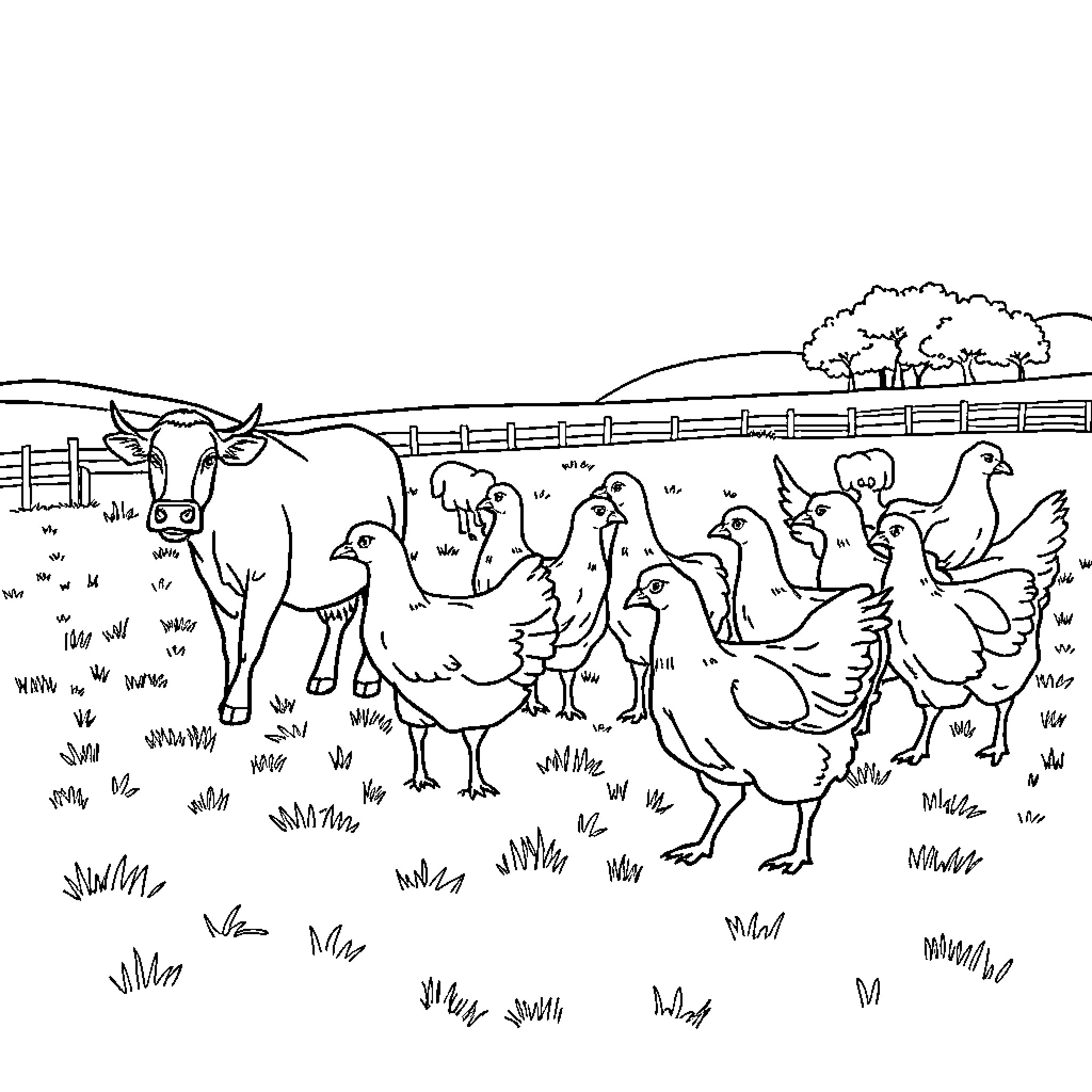 Farm Animals in a Peaceful Countryside Scene Coloring Page (free black-and-white line drawing printable PDF for all, from beginners to advanced learners, including children, teens, adults, and seniors)