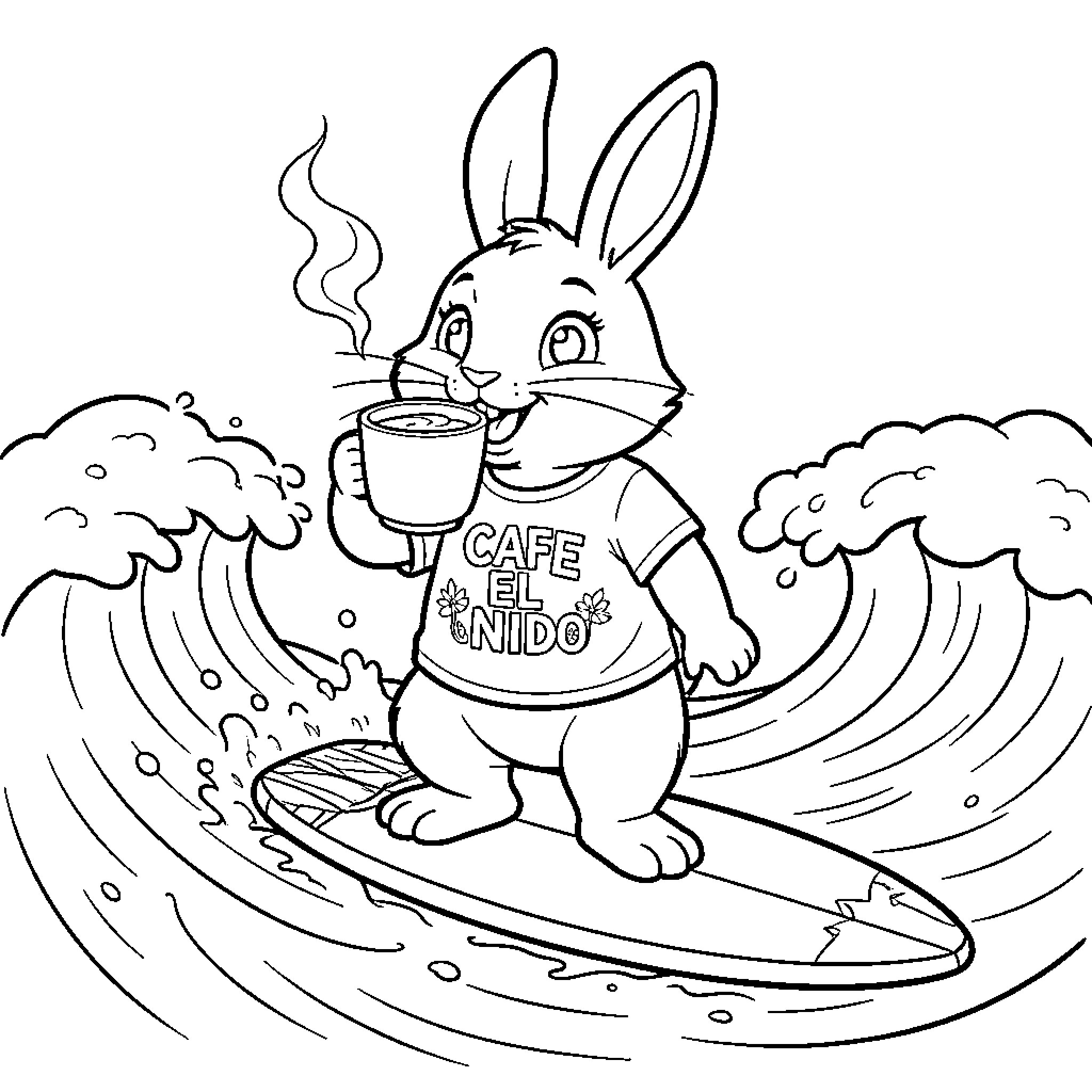 Easter Bunny Surfs and Sips Coffee by the Waves Coloring Page (free black-and-white line drawing printable PDF for all, from beginners to advanced learners, including children, teens, adults, and seniors)