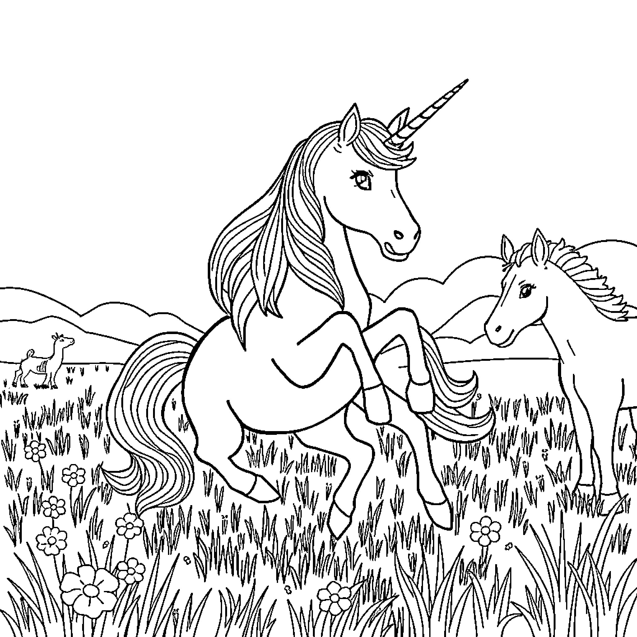 Unicorns frolicking in a lush meadow Coloring Page (free black-and-white line drawing printable PDF for all, from beginners to advanced learners, including children, teens, adults, and seniors)
