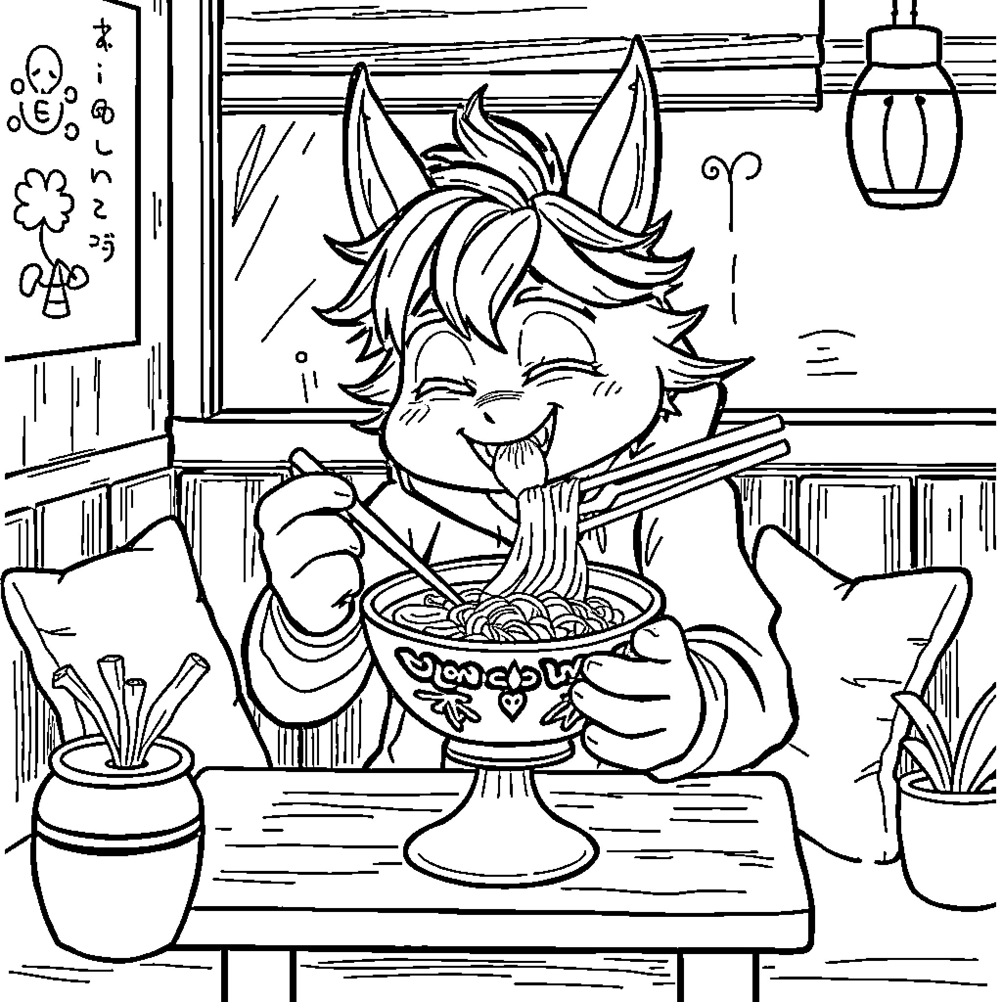 HUNTR/X Enjoying Hearty Meal in Cozy Dining Room Coloring Page (free black-and-white line drawing printable PDF for all, from beginners to advanced learners, including children, teens, adults, and seniors)
