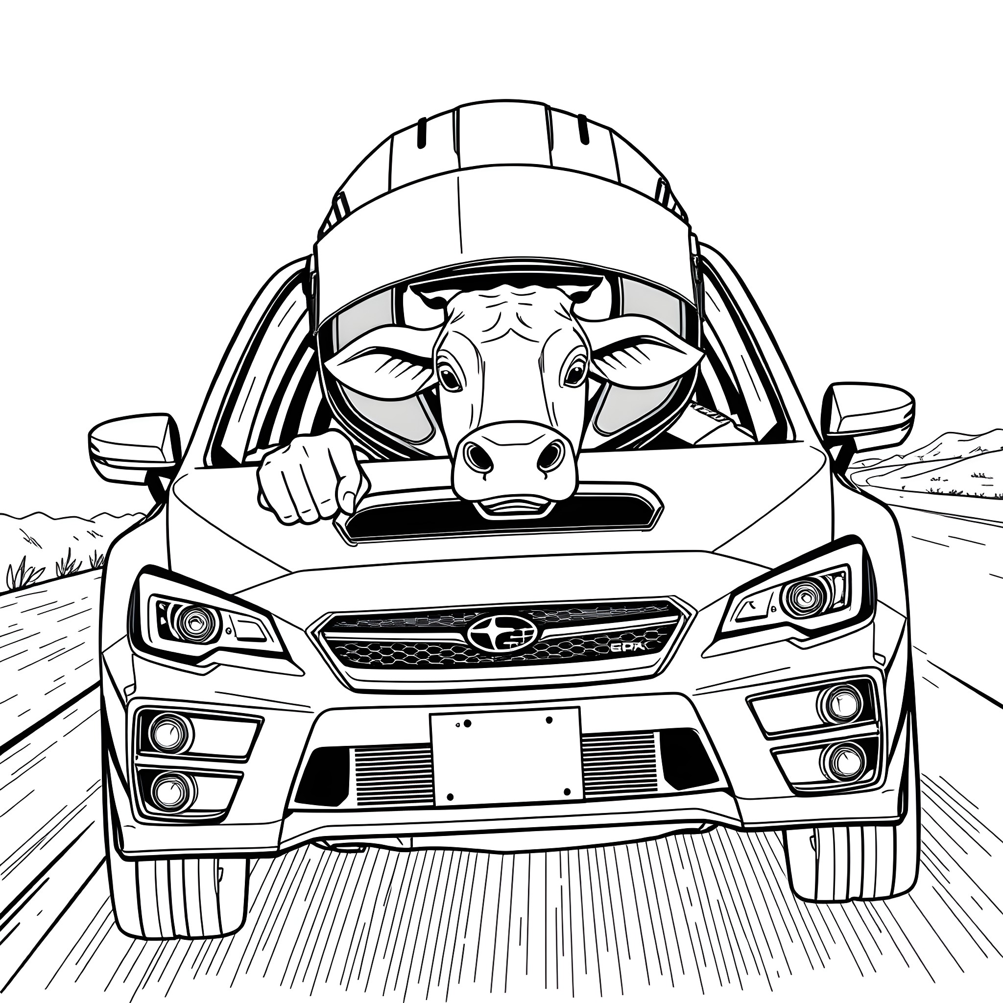 Person driving car with cow in the front Coloring Page (free black-and-white line drawing printable PDF for all, from beginners to advanced learners, including children, teens, adults, and seniors)