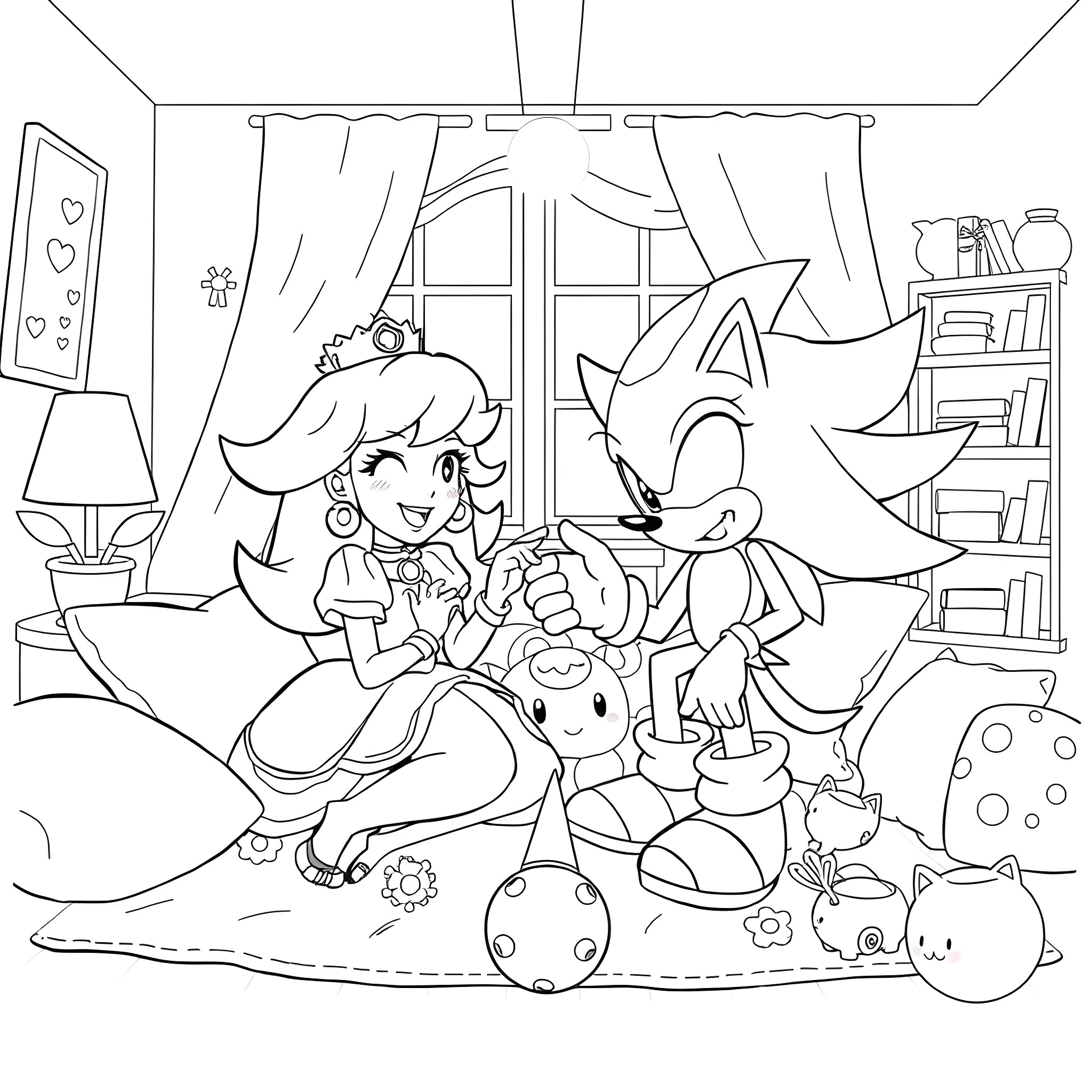 Princess and hedgehog friends playing together in the room Coloring Page (free black-and-white line drawing printable PDF for all, from beginners to advanced learners, including children, teens, adults, and seniors)