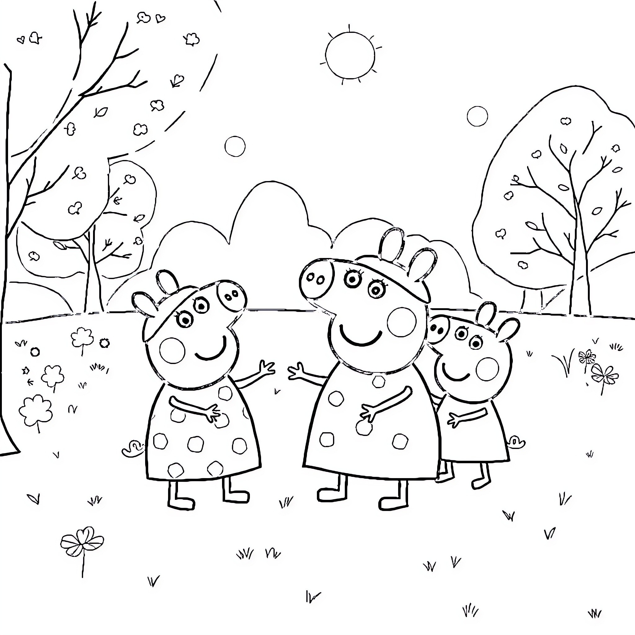 Pijamask characters in a playful outdoor scene Coloring Page (free black-and-white line drawing printable PDF for all, from beginners to advanced learners, including children, teens, adults, and seniors)