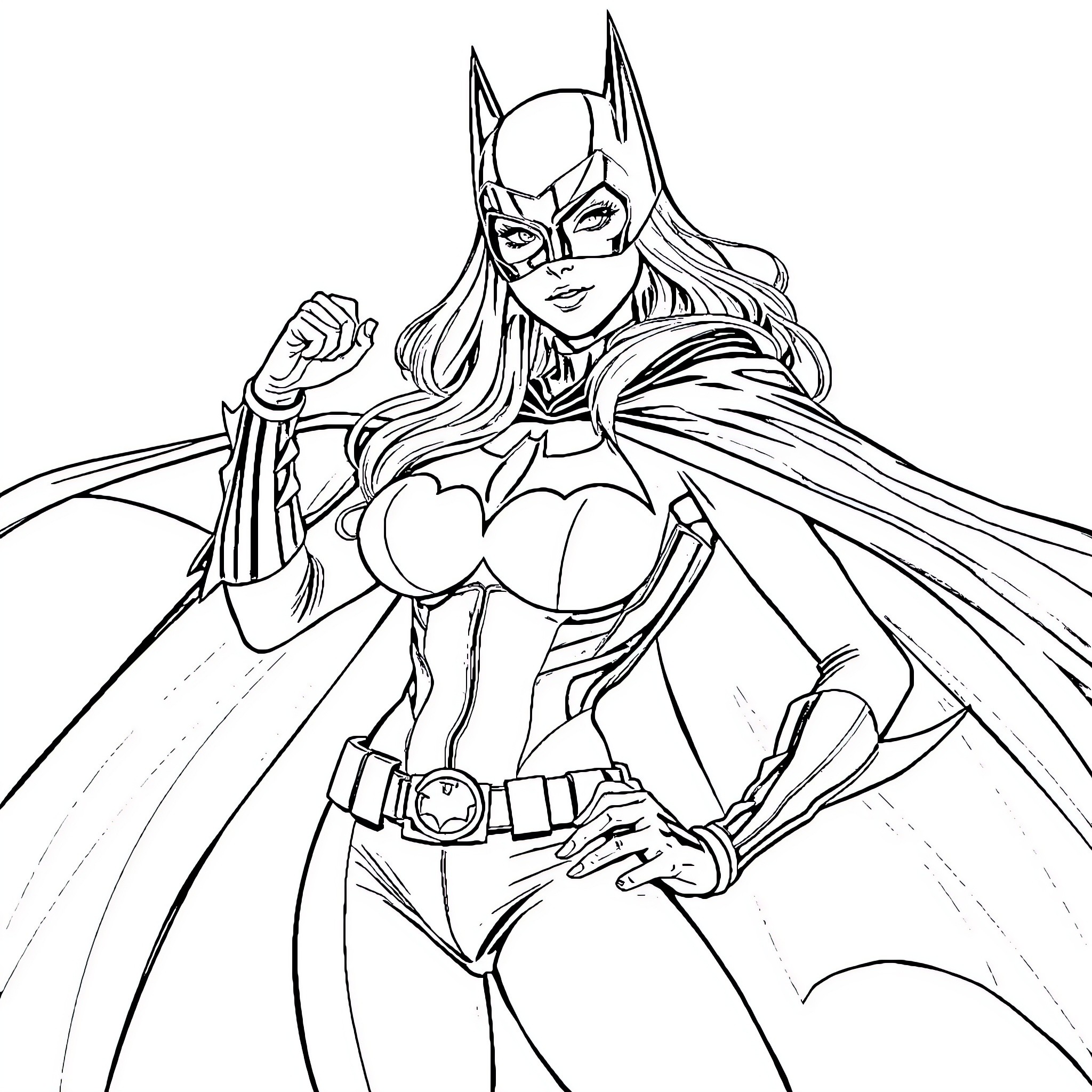 Woman in superhero costume striking a heroic pose Coloring Page (free black-and-white line drawing printable PDF for all, from beginners to advanced learners, including children, teens, adults, and seniors)
