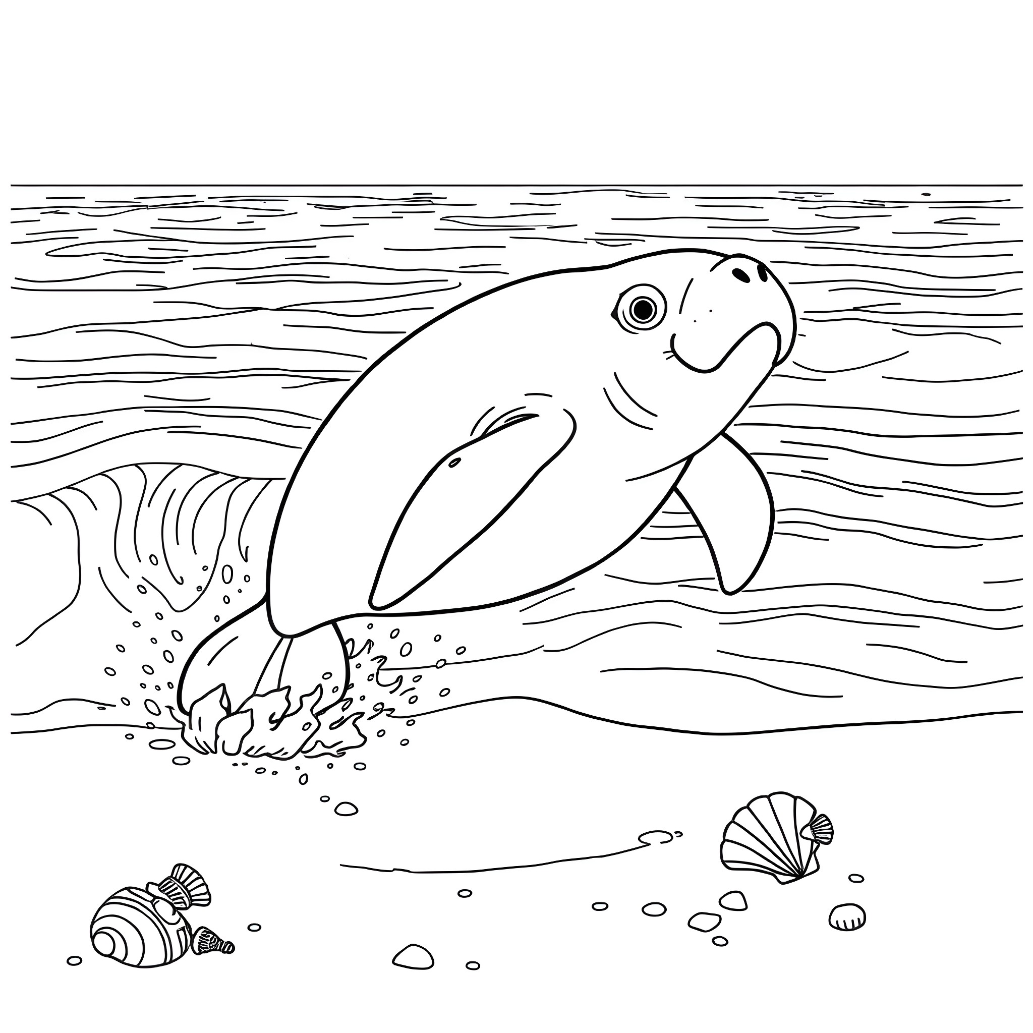 Manatee swimming in the underwater scene Coloring Page (free black-and-white line drawing printable PDF for all, from beginners to advanced learners, including children, teens, adults, and seniors)