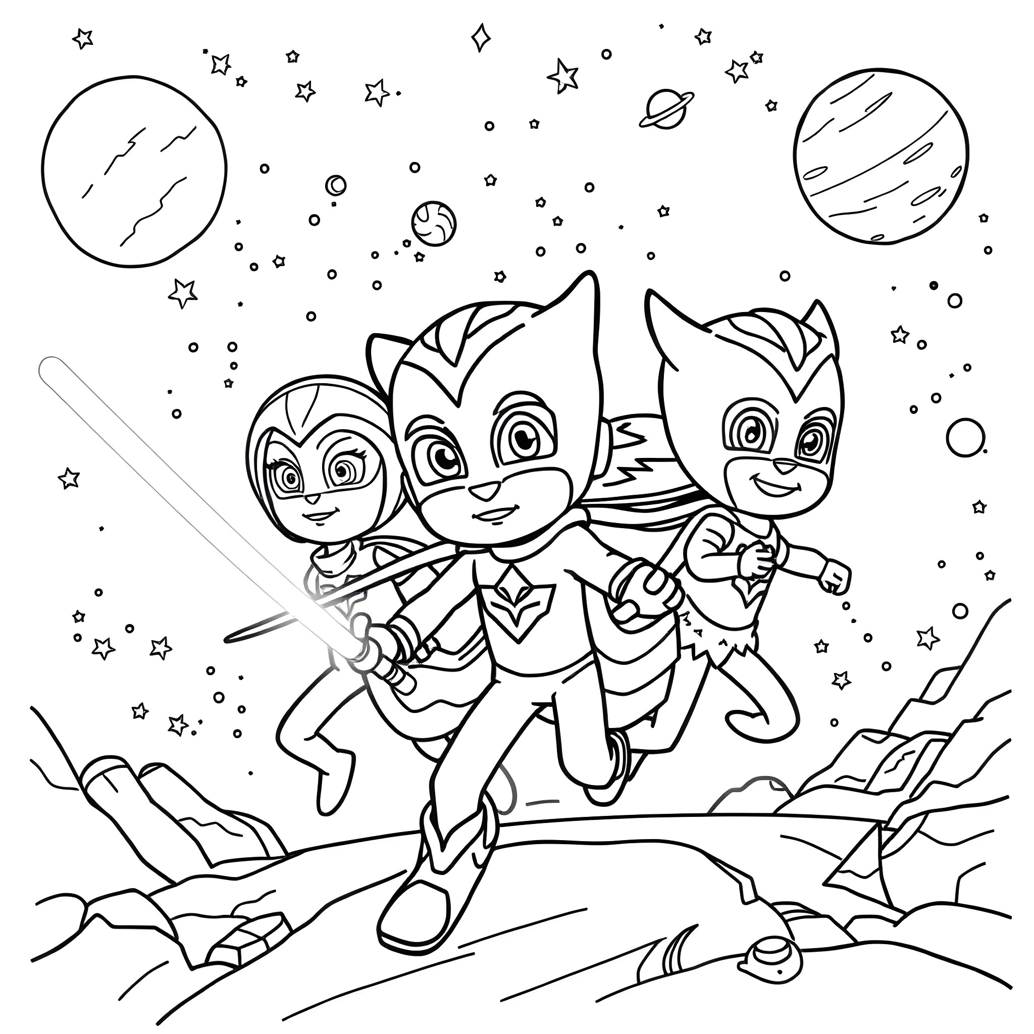 Pj Masks characters in a cosmic adventure Coloring Page (free black-and-white line drawing printable PDF for all, from beginners to advanced learners, including children, teens, adults, and seniors)