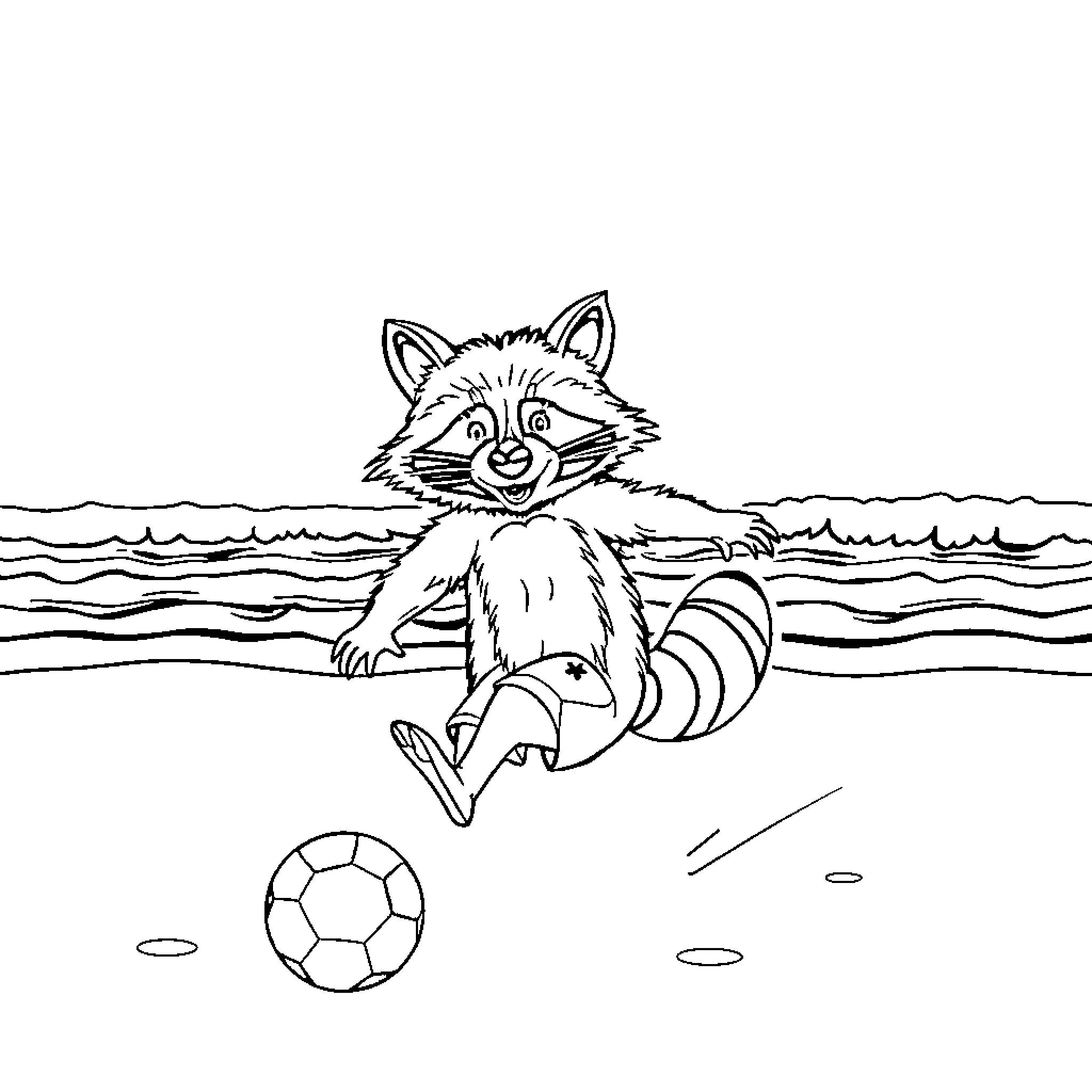 Raccoon playing with a soccer ball on the beach Coloring Page (free black-and-white line drawing printable PDF for all, from beginners to advanced learners, including children, teens, adults, and seniors)