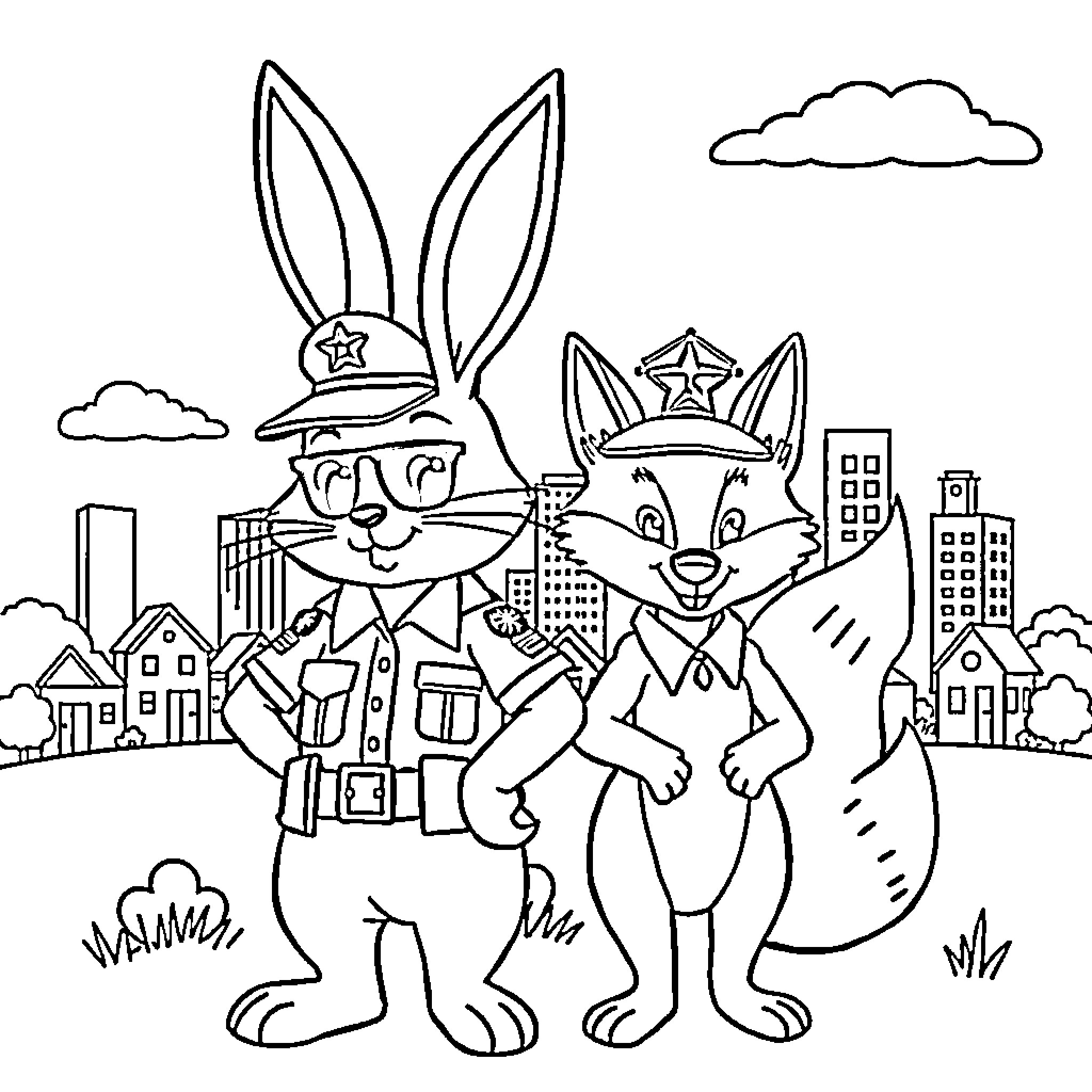 Bunny police officers patrolling the city Coloring Page (free black-and-white line drawing printable PDF for all, from beginners to advanced learners, including children, teens, adults, and seniors)