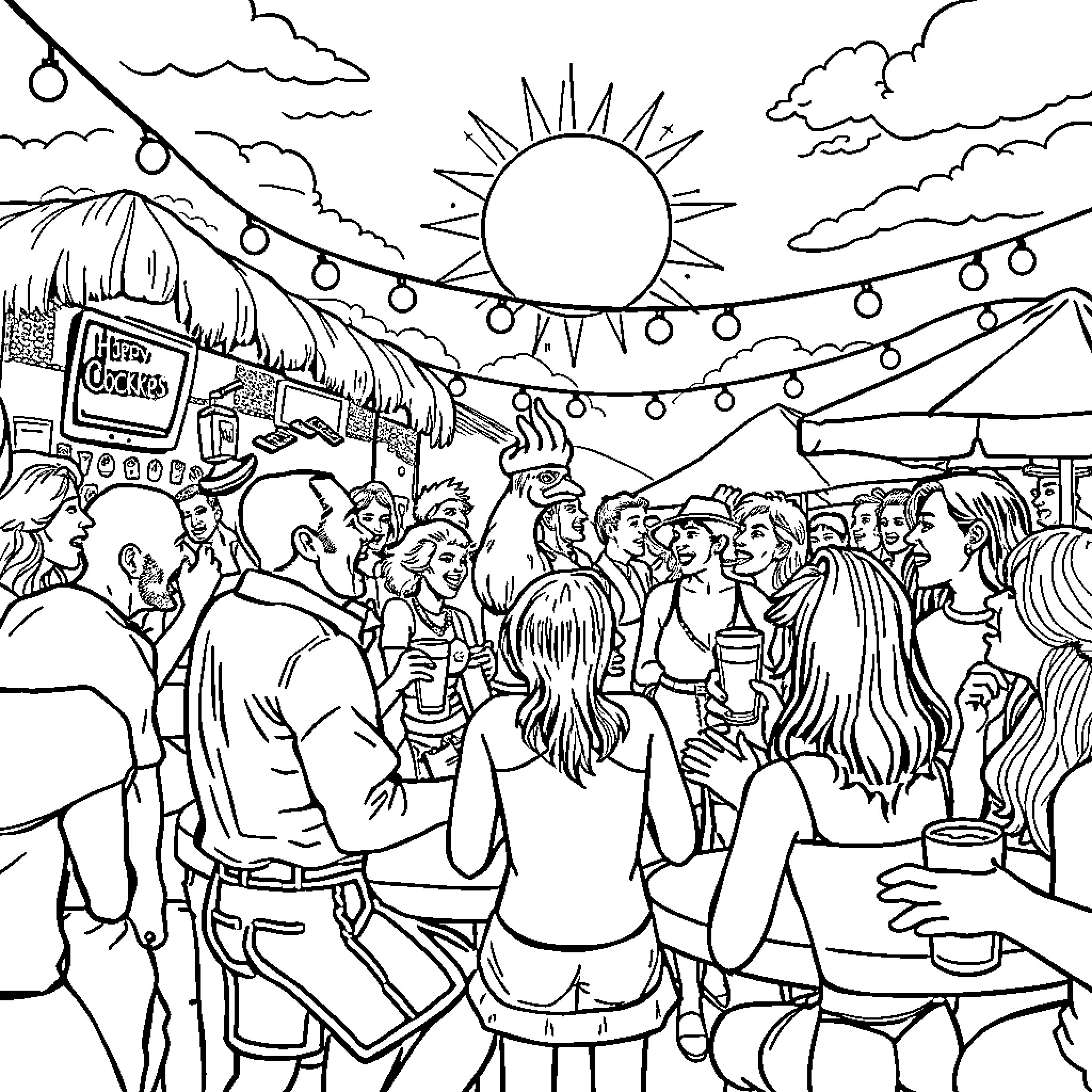 Bar scene with lively crowd, decorations, and sunshine Coloring Page (free black-and-white line drawing printable PDF for all, from beginners to advanced learners, including children, teens, adults, and seniors)
