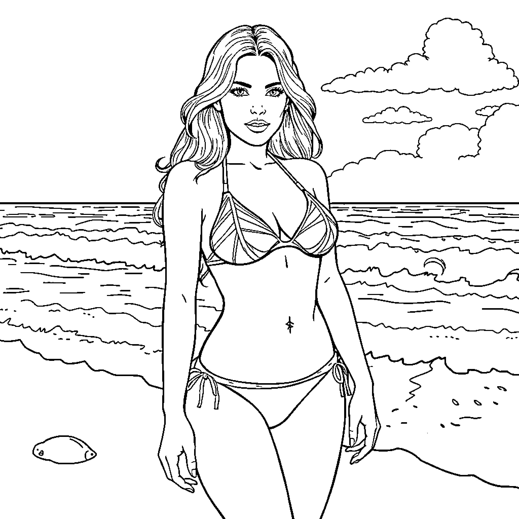 Bikini Model Posing Confidently by the Seashore Coloring Page (free black-and-white line drawing printable PDF for all, from beginners to advanced learners, including children, teens, adults, and seniors)